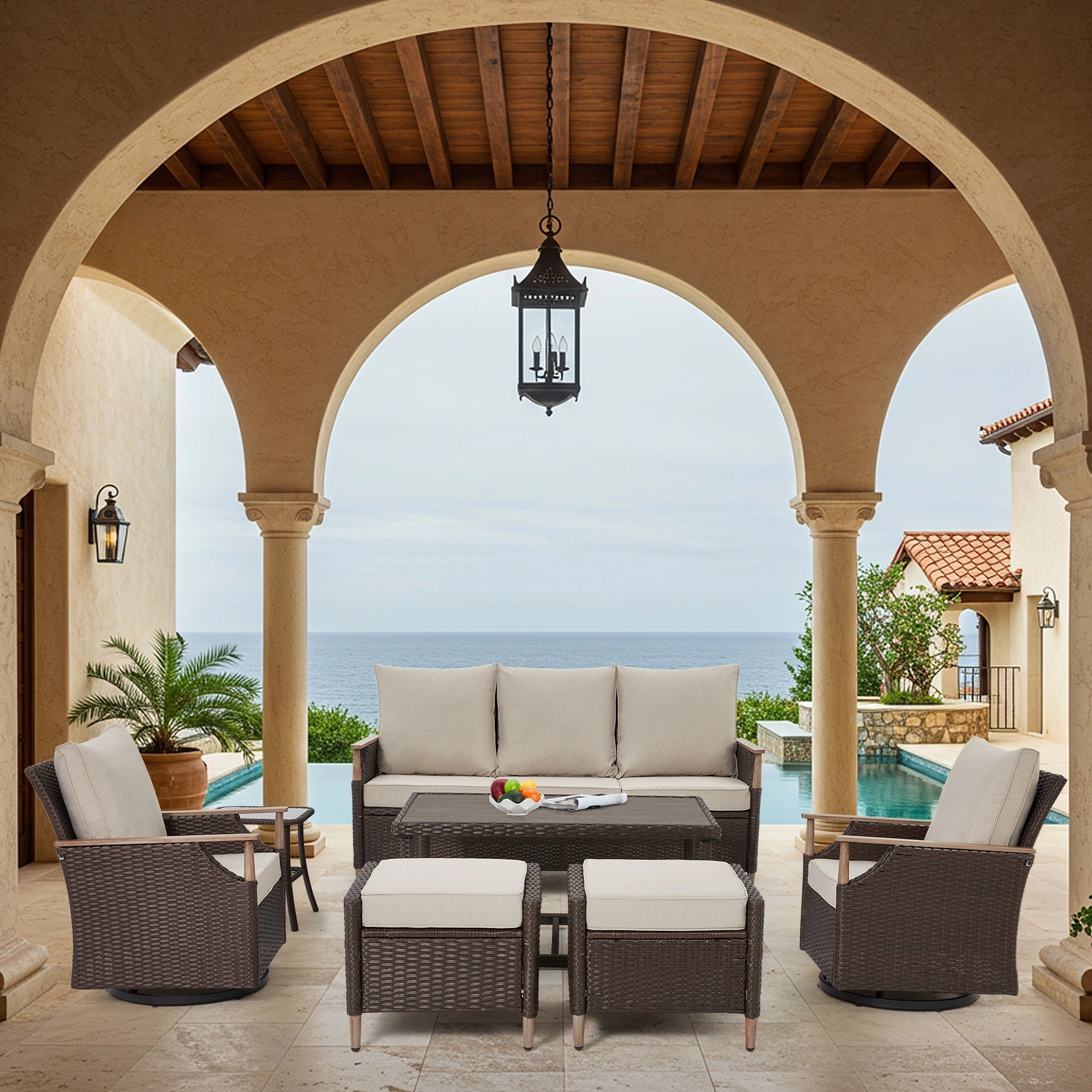 HOMREST 7-Piece Outdoor Wicker Patio Set with Swivel Chairs, Ottoman & Coffee Table, Beige