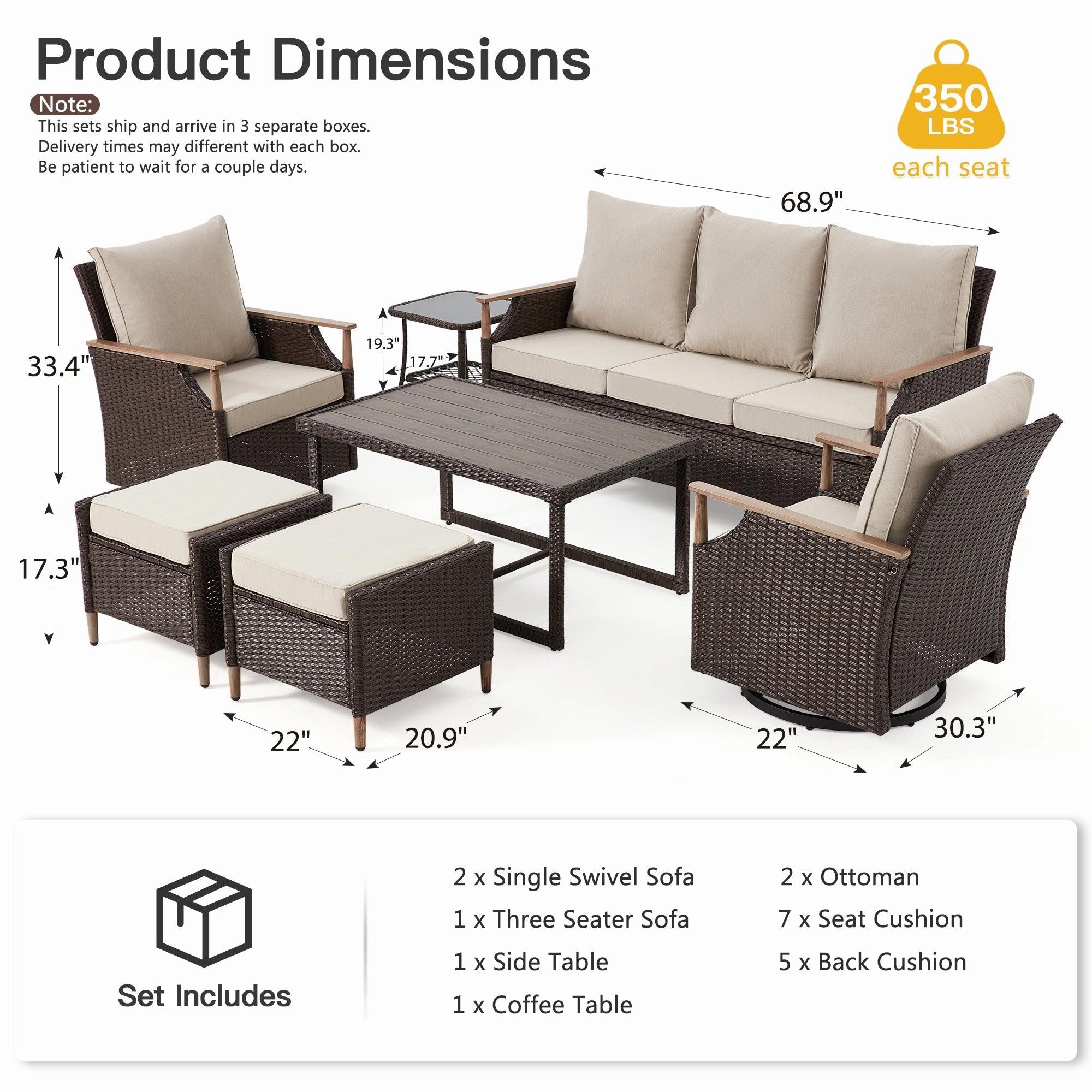 HOMREST 7-Piece Outdoor Wicker Patio Set with Swivel Chairs, Ottoman & Coffee Table, Beige