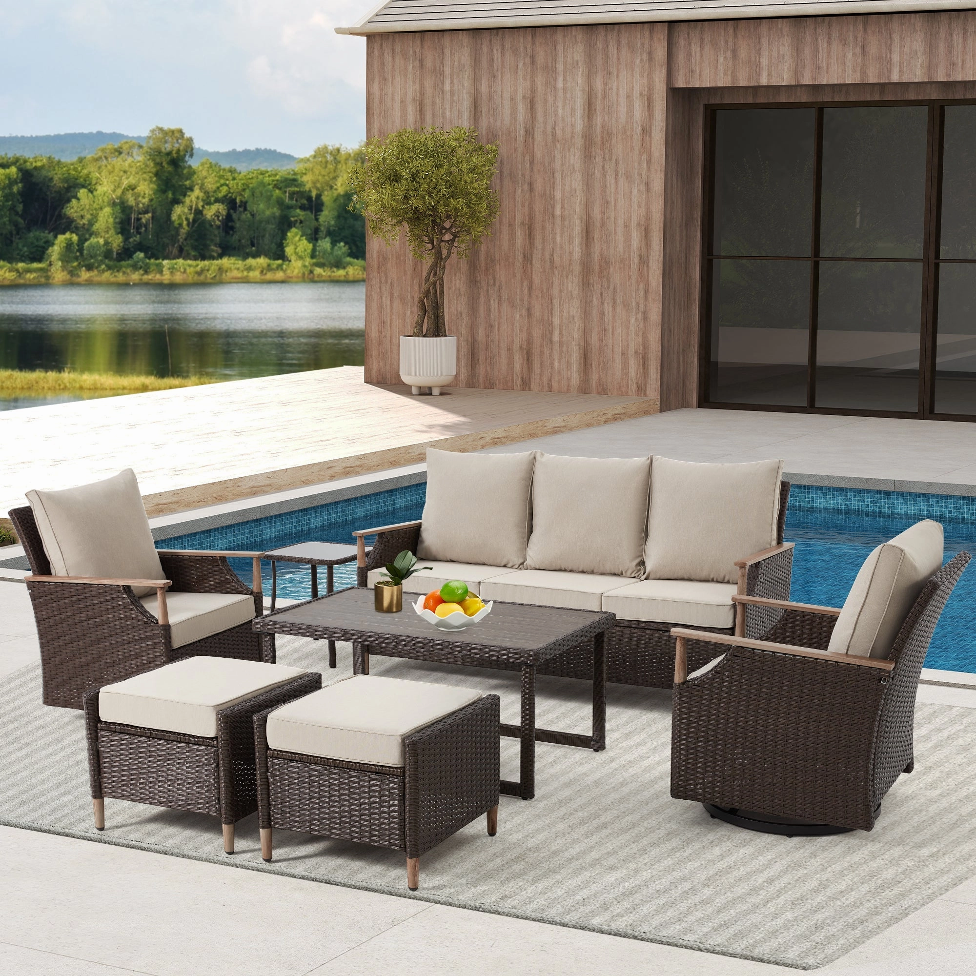 HOMREST 7-Piece Outdoor Wicker Patio Set with Swivel Chairs, Ottoman & Coffee Table, Beige