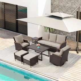 HOMREST 7-Piece Outdoor Wicker Patio Set with Swivel Chairs, Ottoman & Coffee Table, Beigeoutdoor patio furniture set