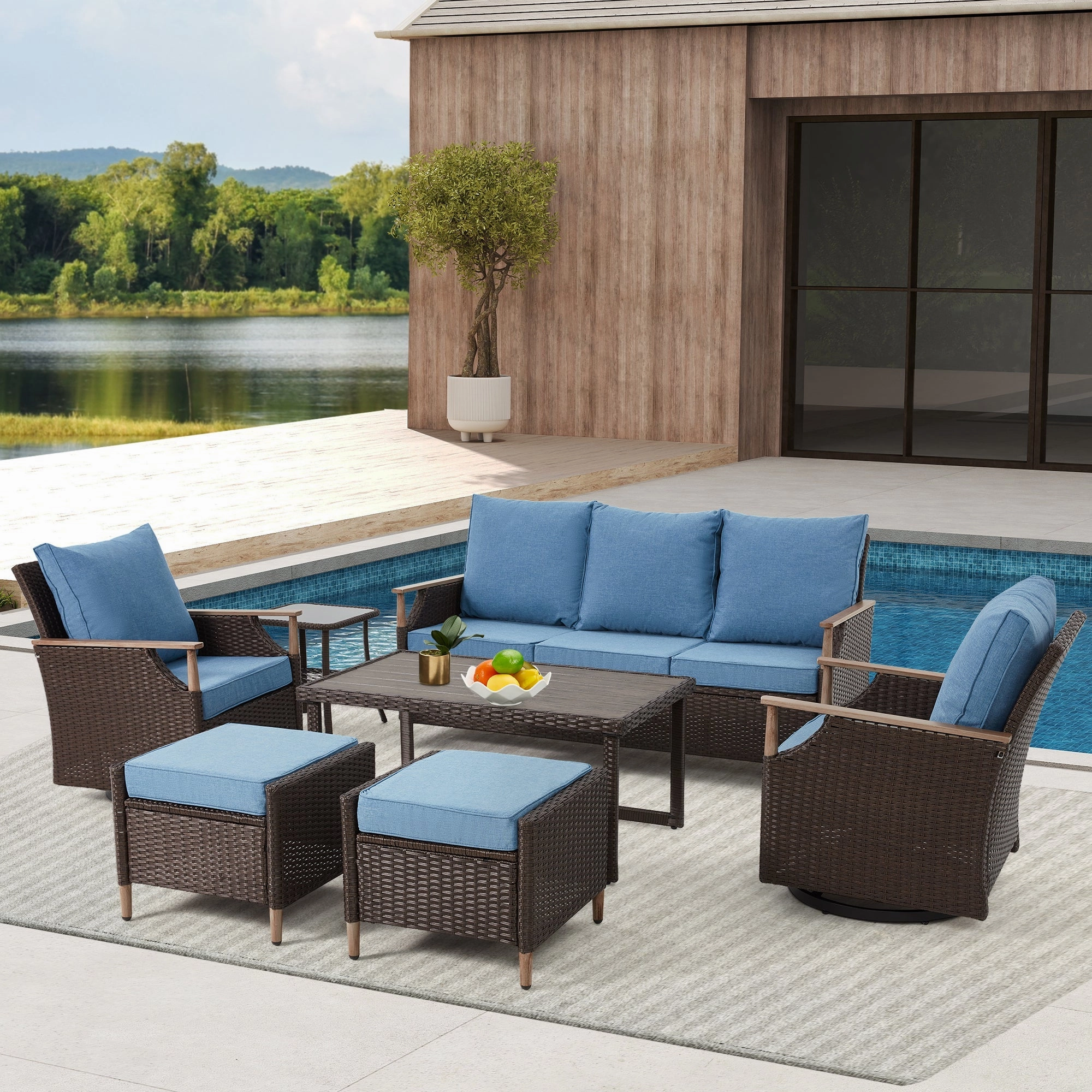 HOMREST 7-Piece Outdoor Wicker Patio Set with Swivel Chairs, Ottoman & Coffee Table, Blue