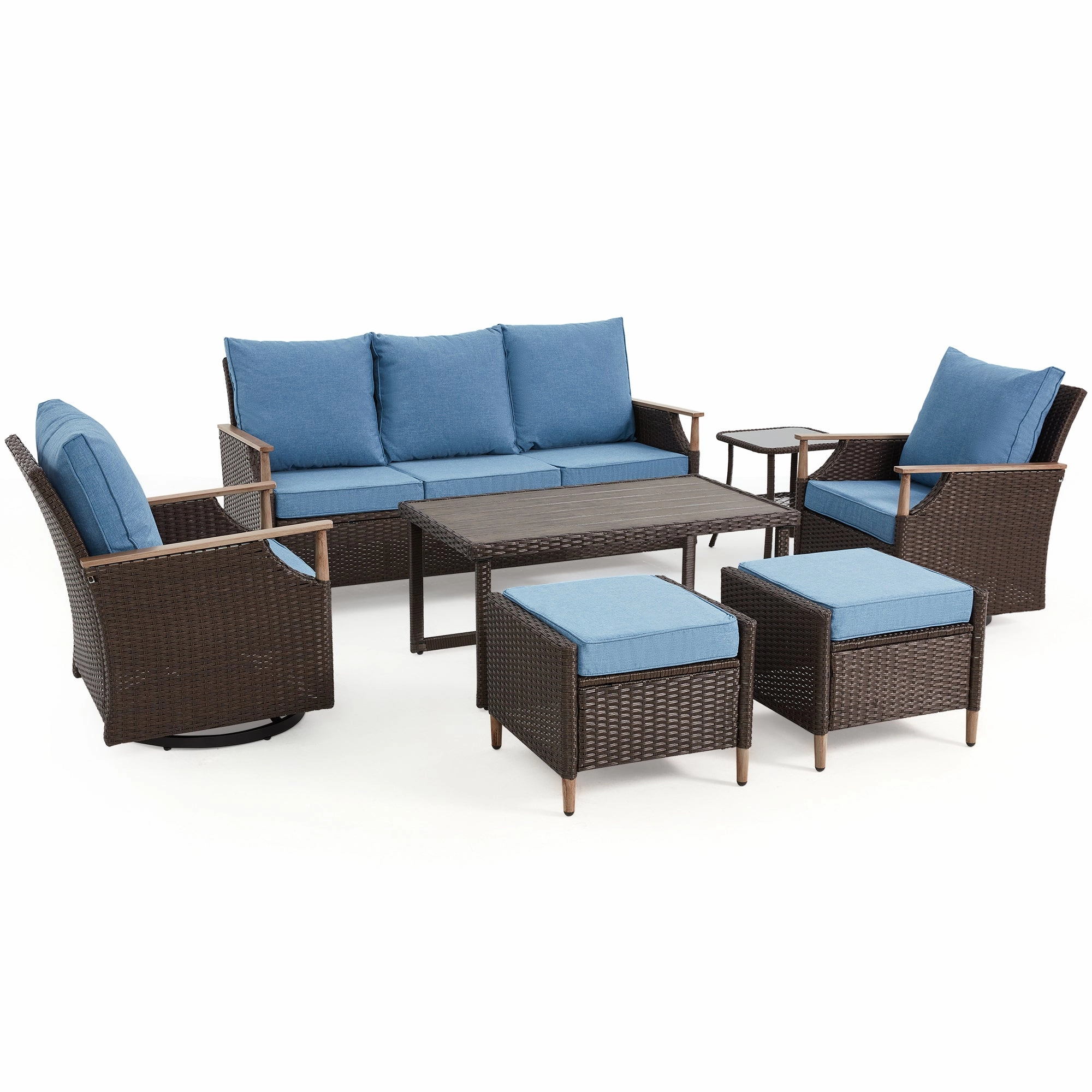 HOMREST 7-Piece Outdoor Wicker Patio Set with Swivel Chairs, Ottoman & Coffee Table, Blue