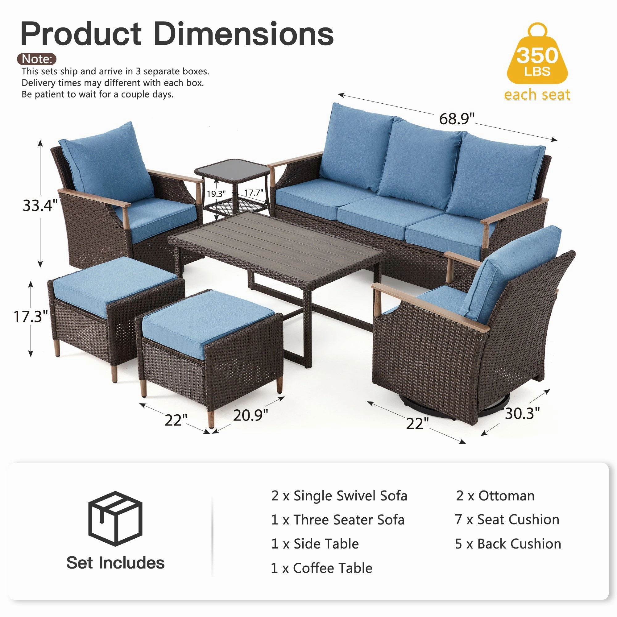 HOMREST 7-Piece Outdoor Wicker Patio Set with Swivel Chairs, Ottoman & Coffee Table, Blue