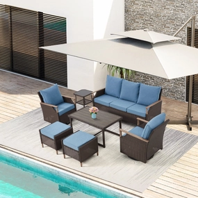 HOMREST 7-Piece Outdoor Wicker Patio Set with Swivel Chairs, Ottoman & Coffee Table, Blueoutdoor patio furniture set