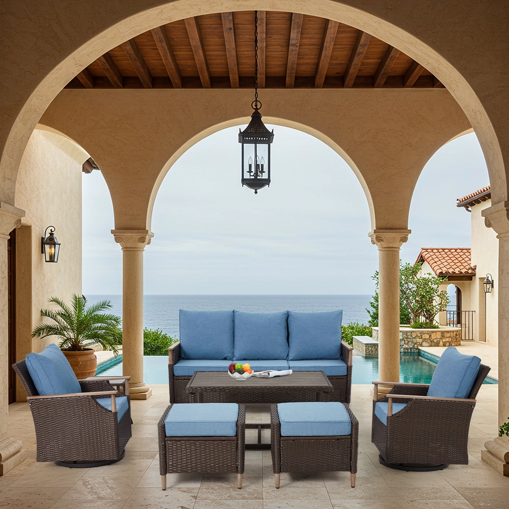 HOMREST 7-Piece Outdoor Wicker Patio Set with Swivel Chairs, Ottoman & Coffee Table, Blue