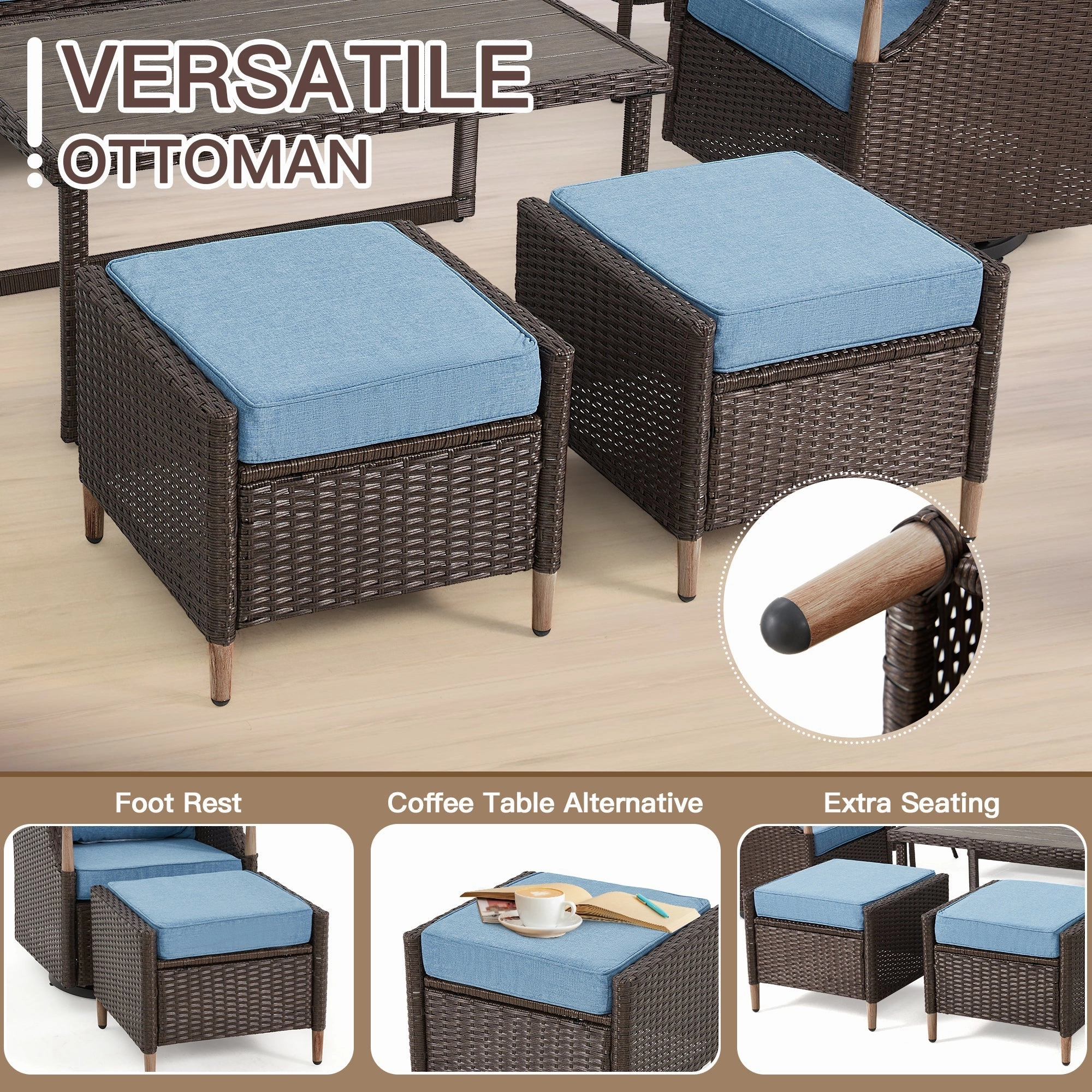 HOMREST 7-Piece Outdoor Wicker Patio Set with Swivel Chairs, Ottoman & Coffee Table, Blue