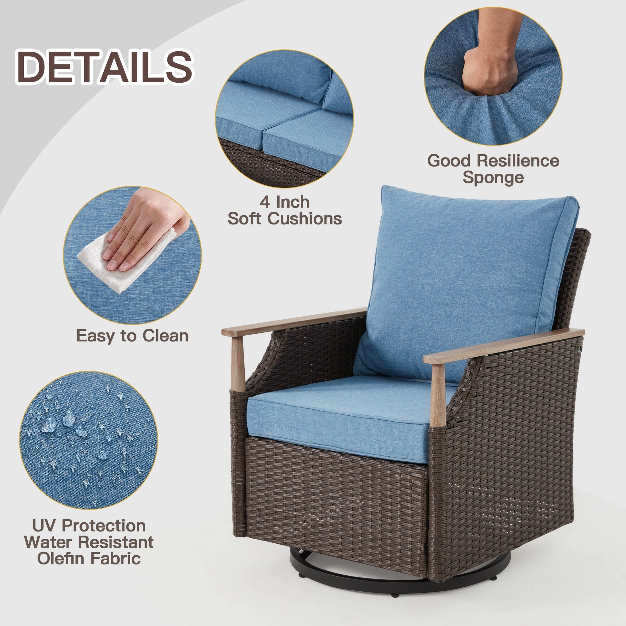 HOMREST 7-Piece Outdoor Wicker Patio Set with Swivel Chairs, Ottoman & Coffee Table, Blue