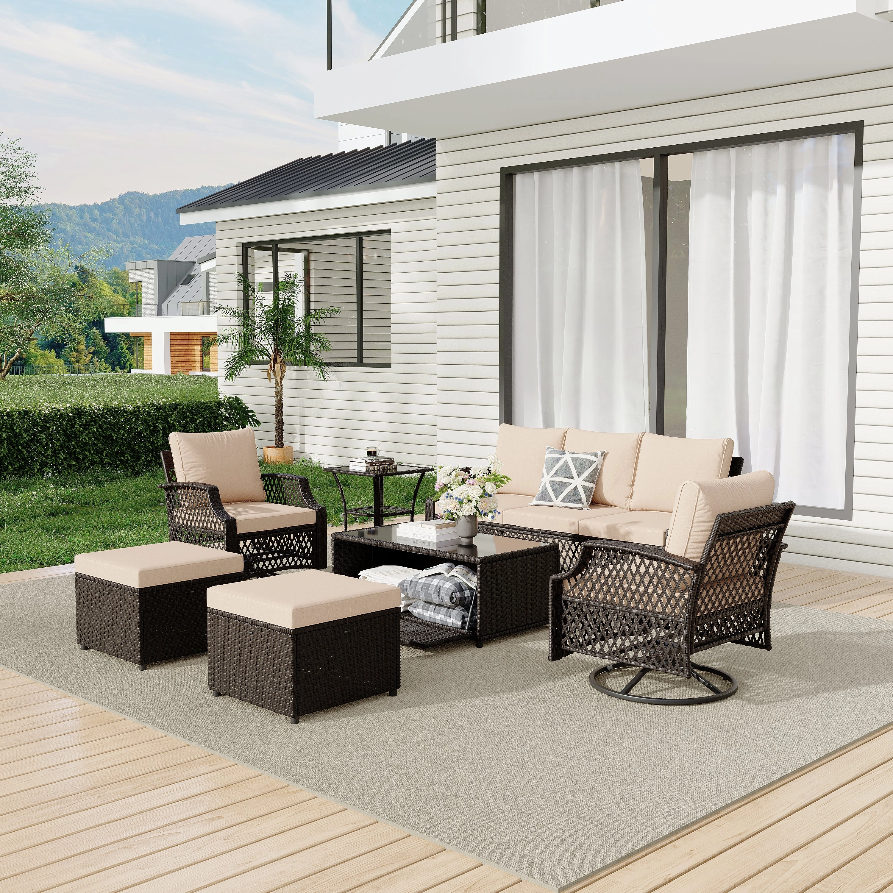 HOMREST 7 Piece Patio Furniture Set, Rattan Outdoor Sectional for Deck Backyard Porch (7 Seats, Khaki)
