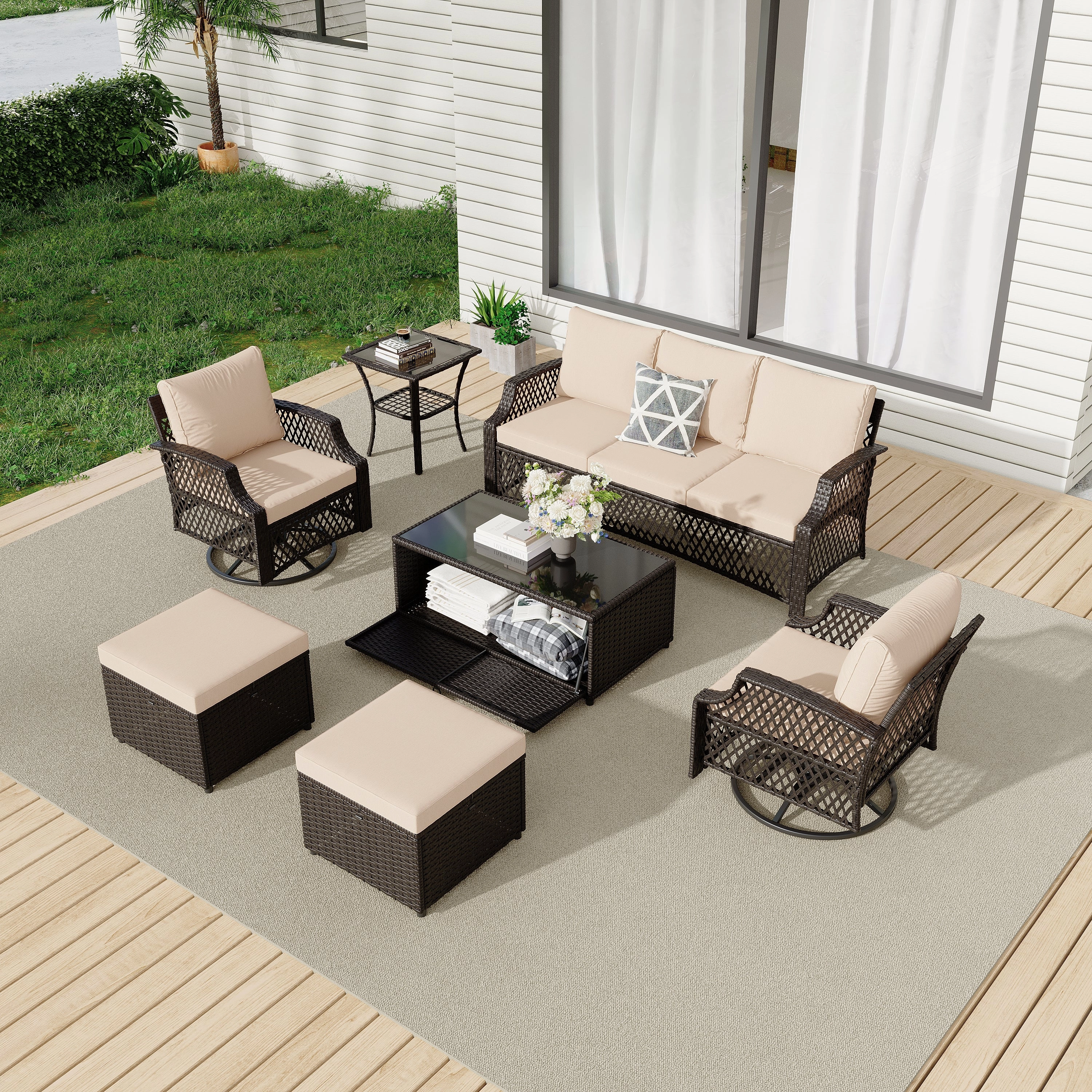 HOMREST 7 Piece Patio Furniture Set, Rattan Outdoor Sectional for Deck Backyard Porch (7 Seats, Khaki)outdoor patio furniture set