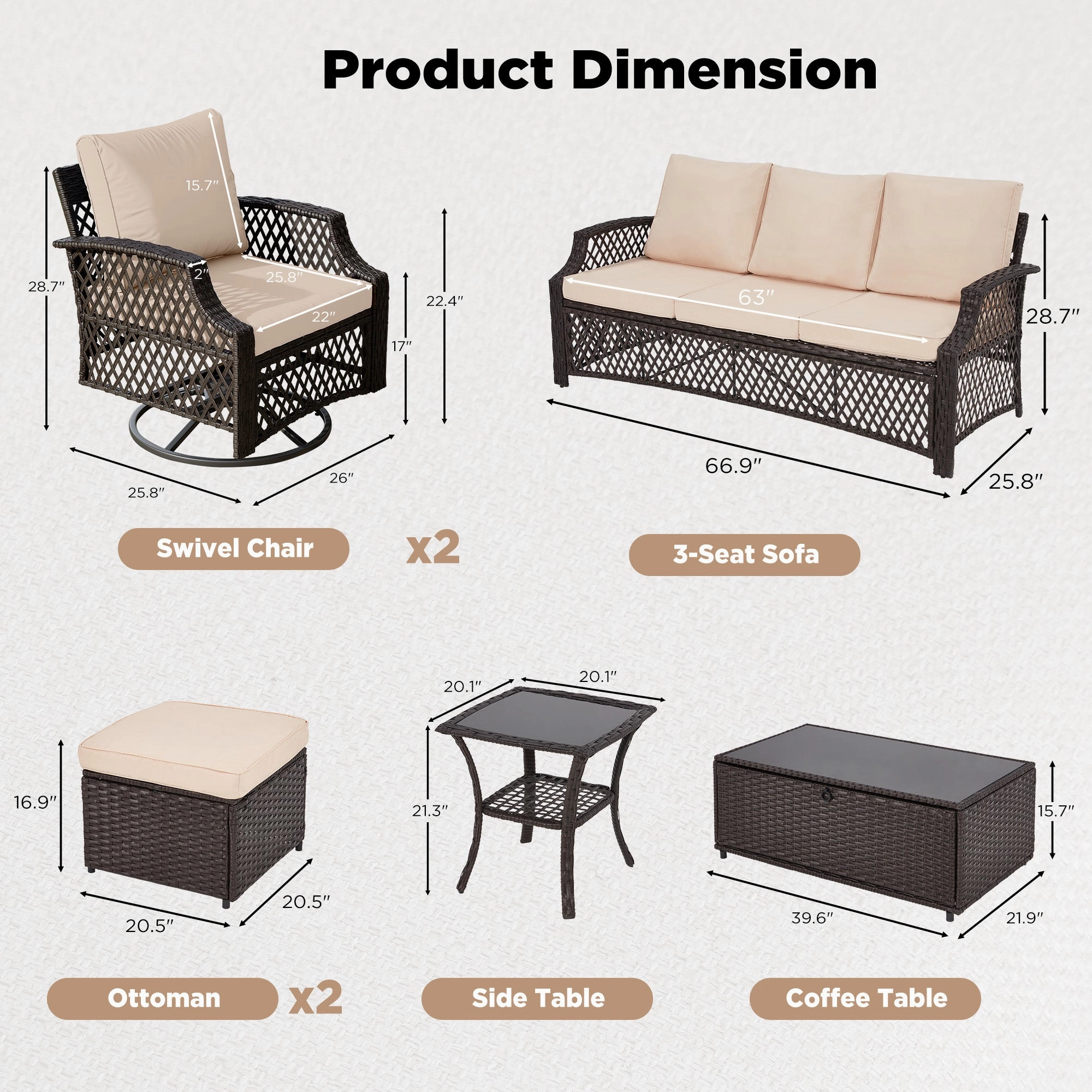HOMREST 7 Piece Patio Furniture Set, Rattan Outdoor Sectional for Deck Backyard Porch (7 Seats, Khaki)
