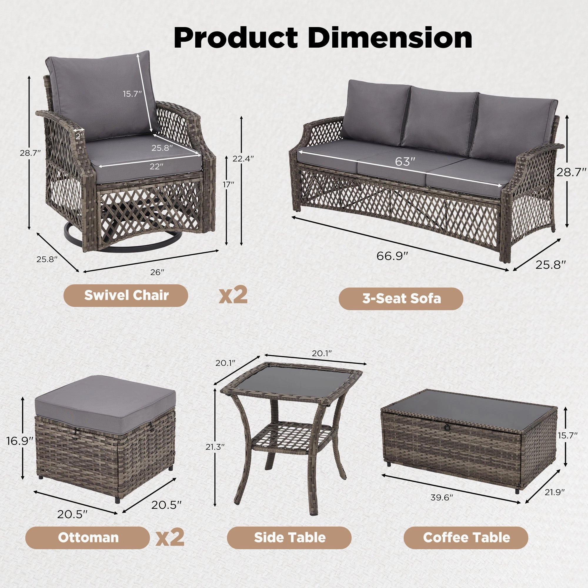 HOMREST 7 Piece Patio Furniture Set, Rattan Outdoor Sectional for Deck Backyard Porch (Gray)
