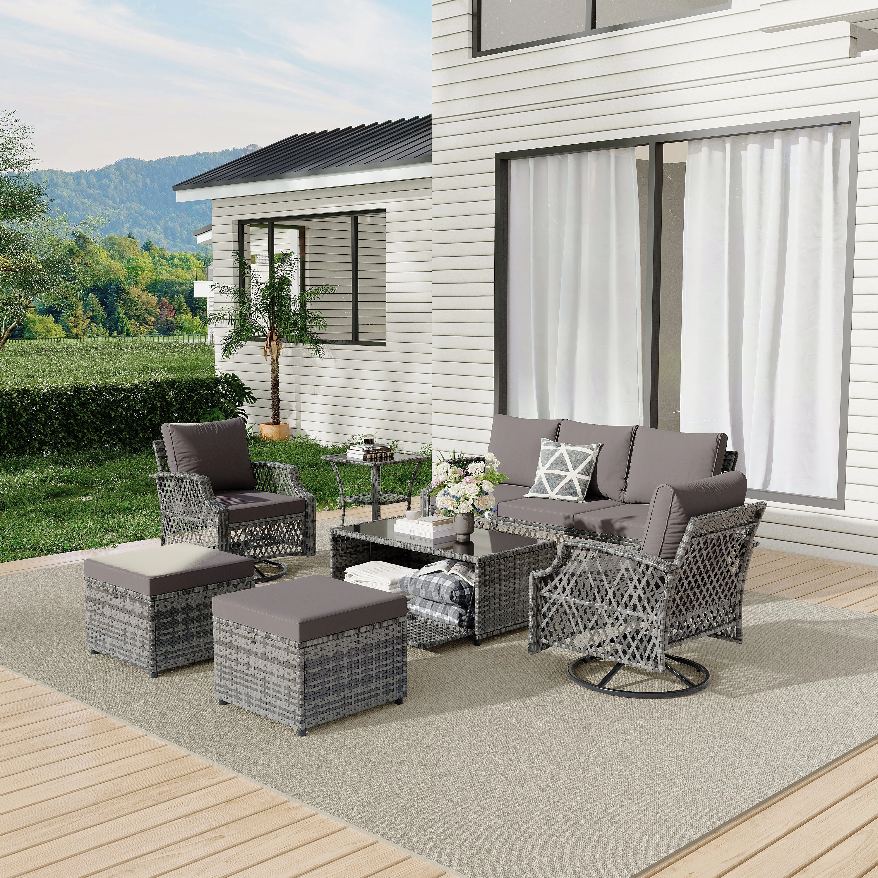 HOMREST 7 Piece Patio Furniture Set, Rattan Outdoor Sectional for Deck Backyard Porch (Gray)