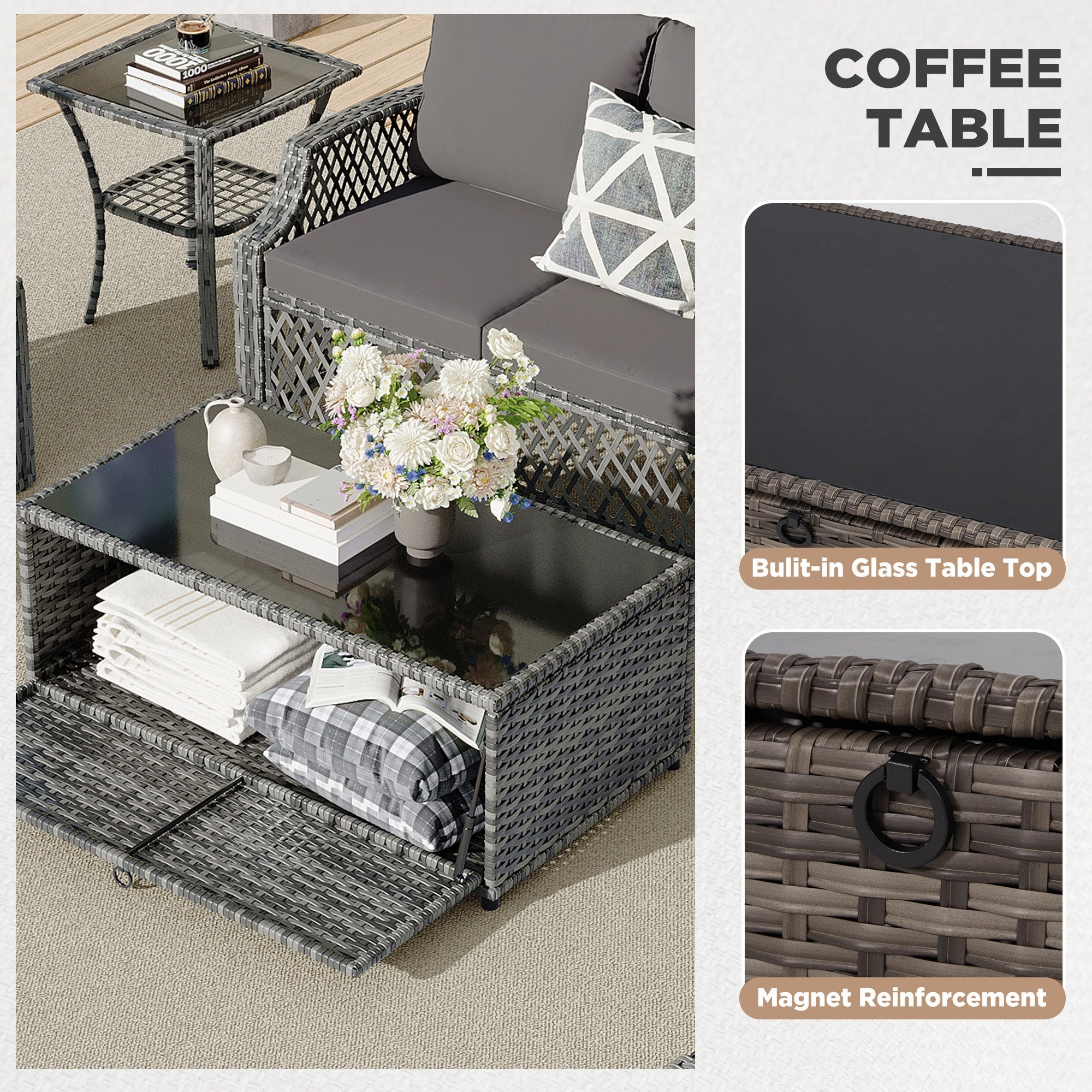 HOMREST 7 Piece Patio Furniture Set, Rattan Outdoor Sectional for Deck Backyard Porch (Gray)