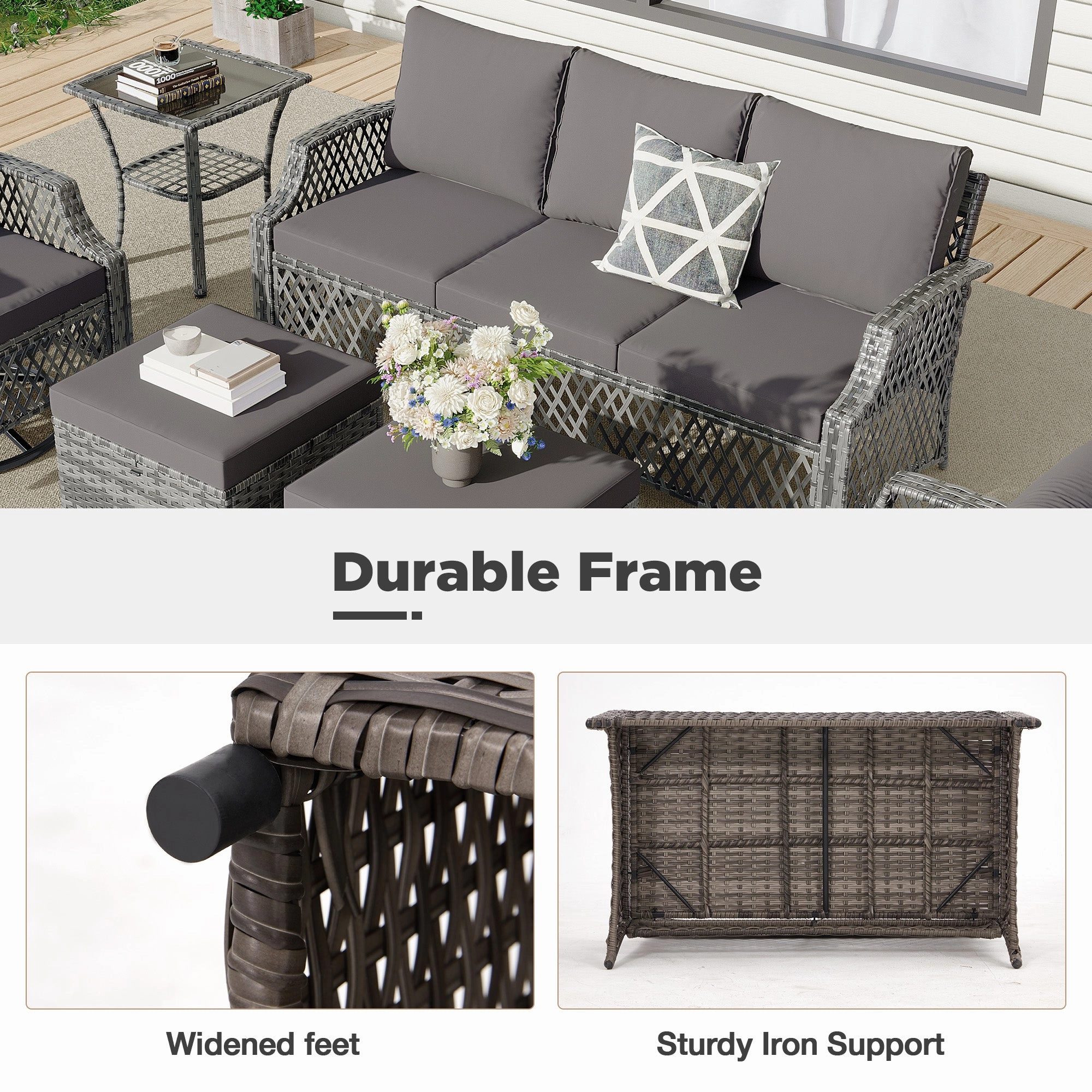 HOMREST 7 Piece Patio Furniture Set, Rattan Outdoor Sectional for Deck Backyard Porch (Gray)