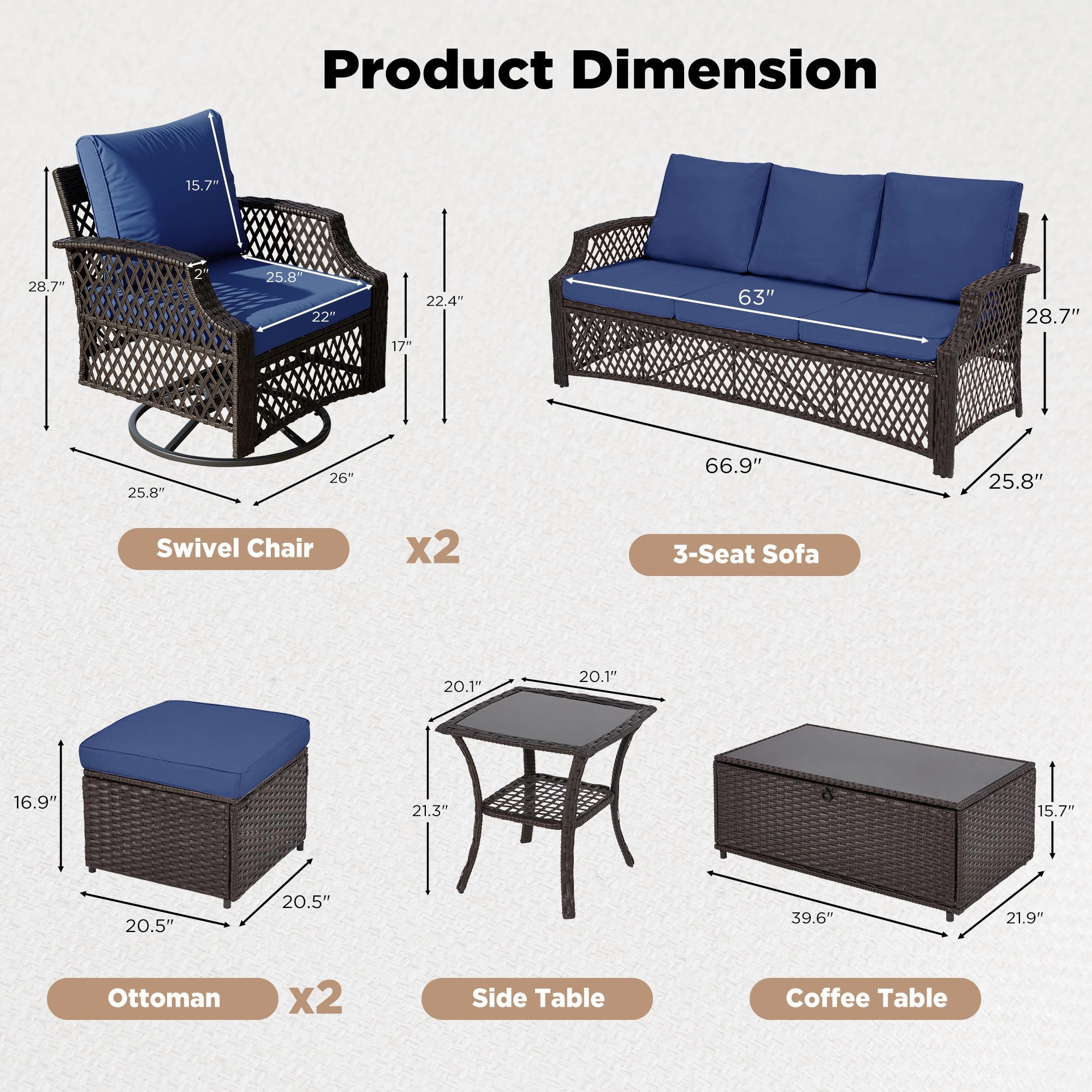 HOMREST 7 Piece Patio Furniture Set, Rattan Outdoor Sectional for Deck Backyard Porch (Navy Blue)