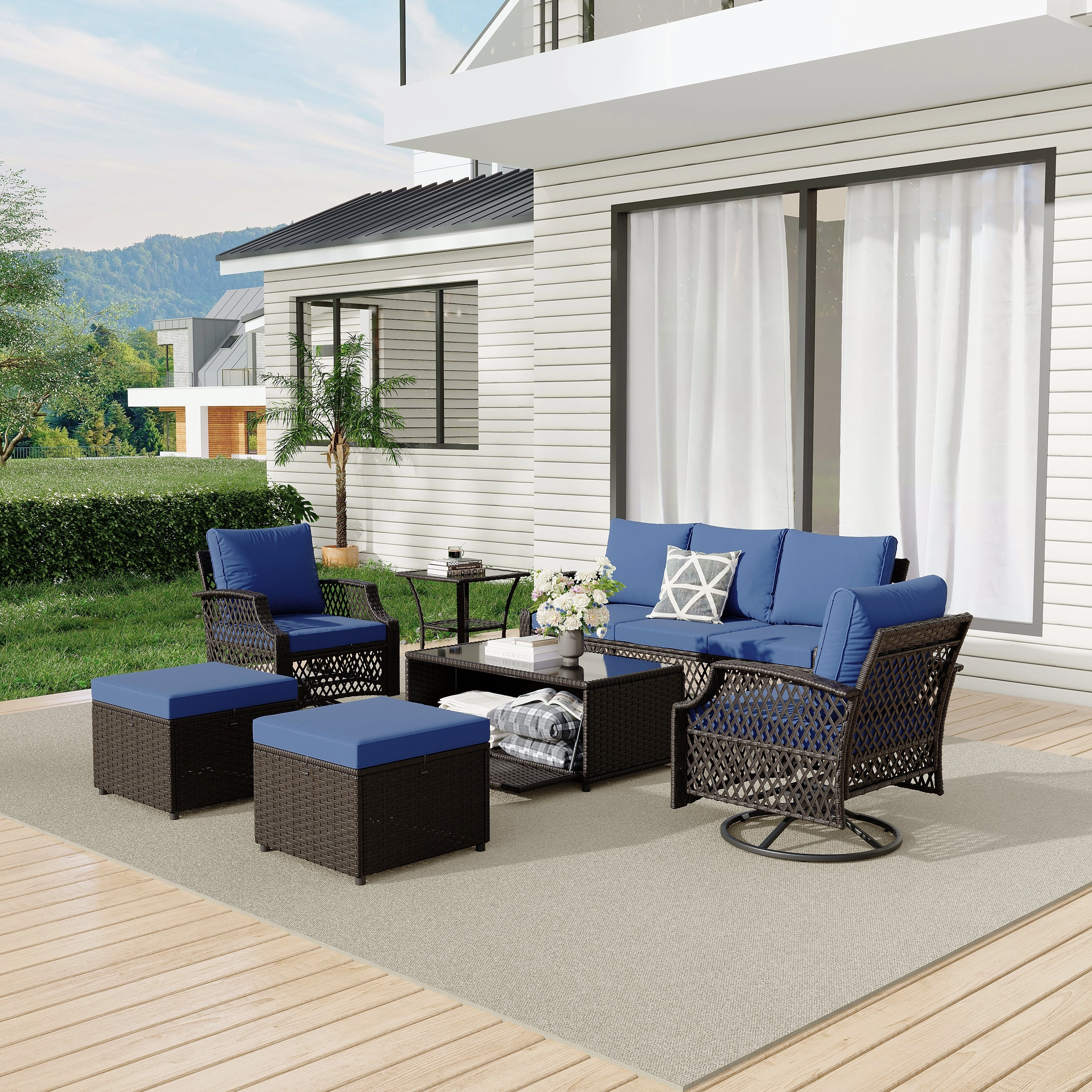 HOMREST 7 Piece Patio Furniture Set, Rattan Outdoor Sectional for Deck Backyard Porch (Navy Blue)