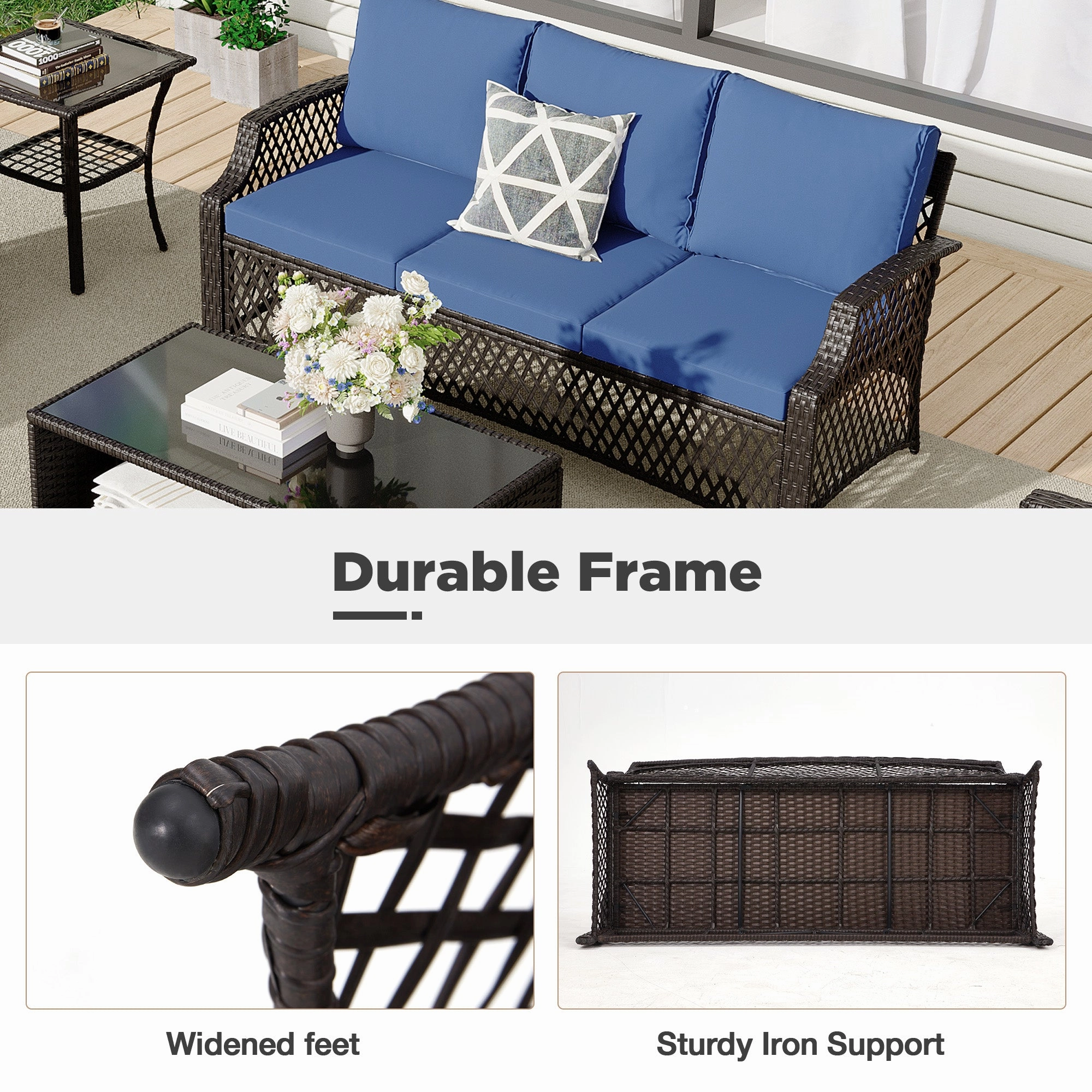 HOMREST 7 Piece Patio Furniture Set, Rattan Outdoor Sectional for Deck Backyard Porch (Navy Blue)