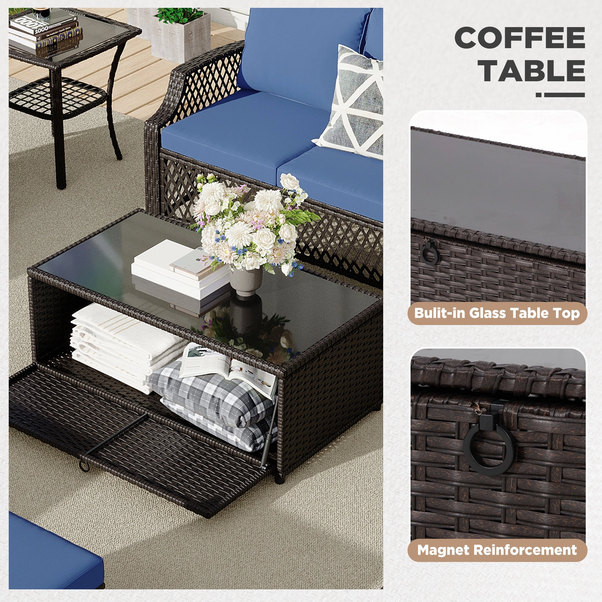 HOMREST 7 Piece Patio Furniture Set, Rattan Outdoor Sectional for Deck Backyard Porch (Navy Blue)