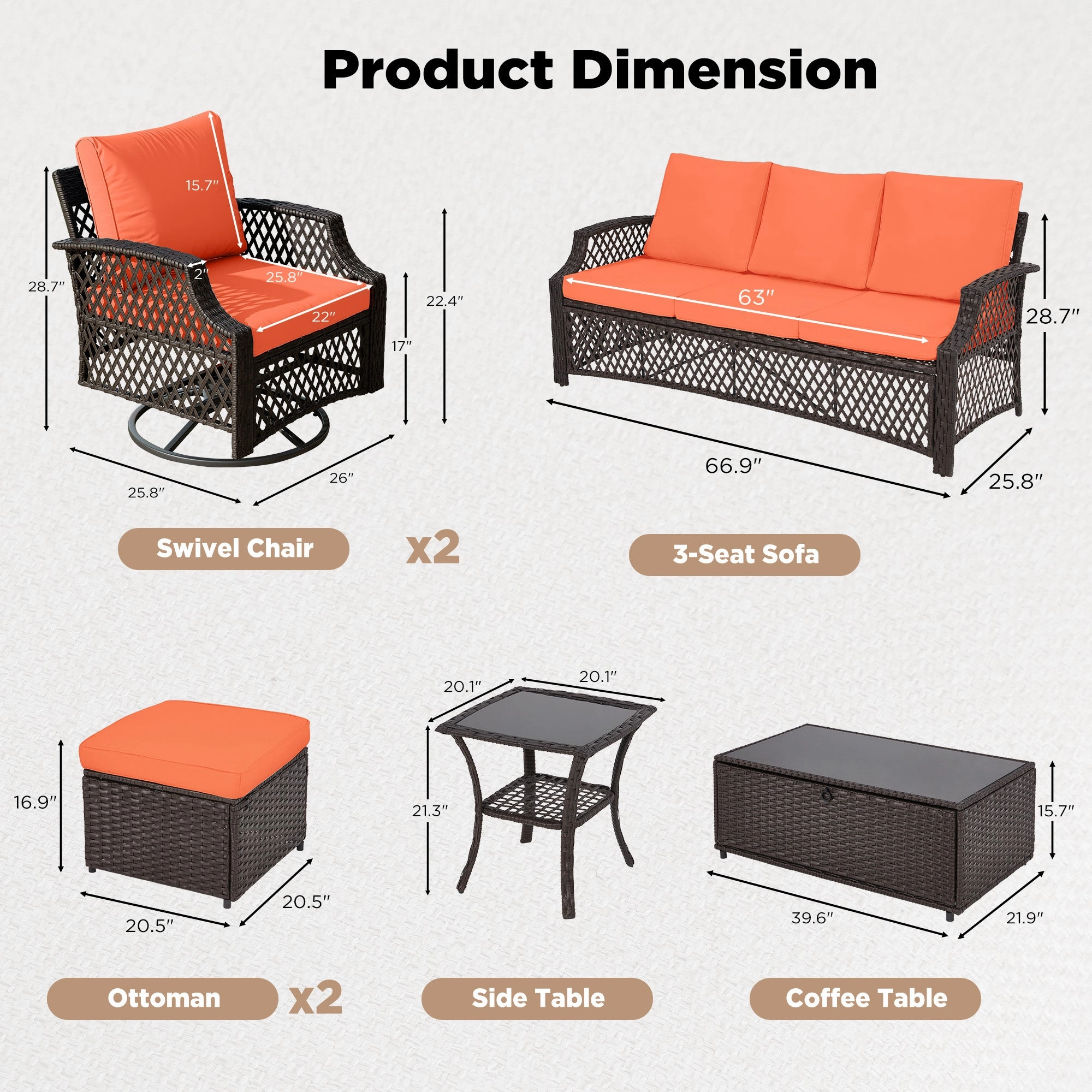 HOMREST 7 Piece Patio Furniture Set, Rattan Outdoor Sectional for Deck Backyard Porch (Orange)