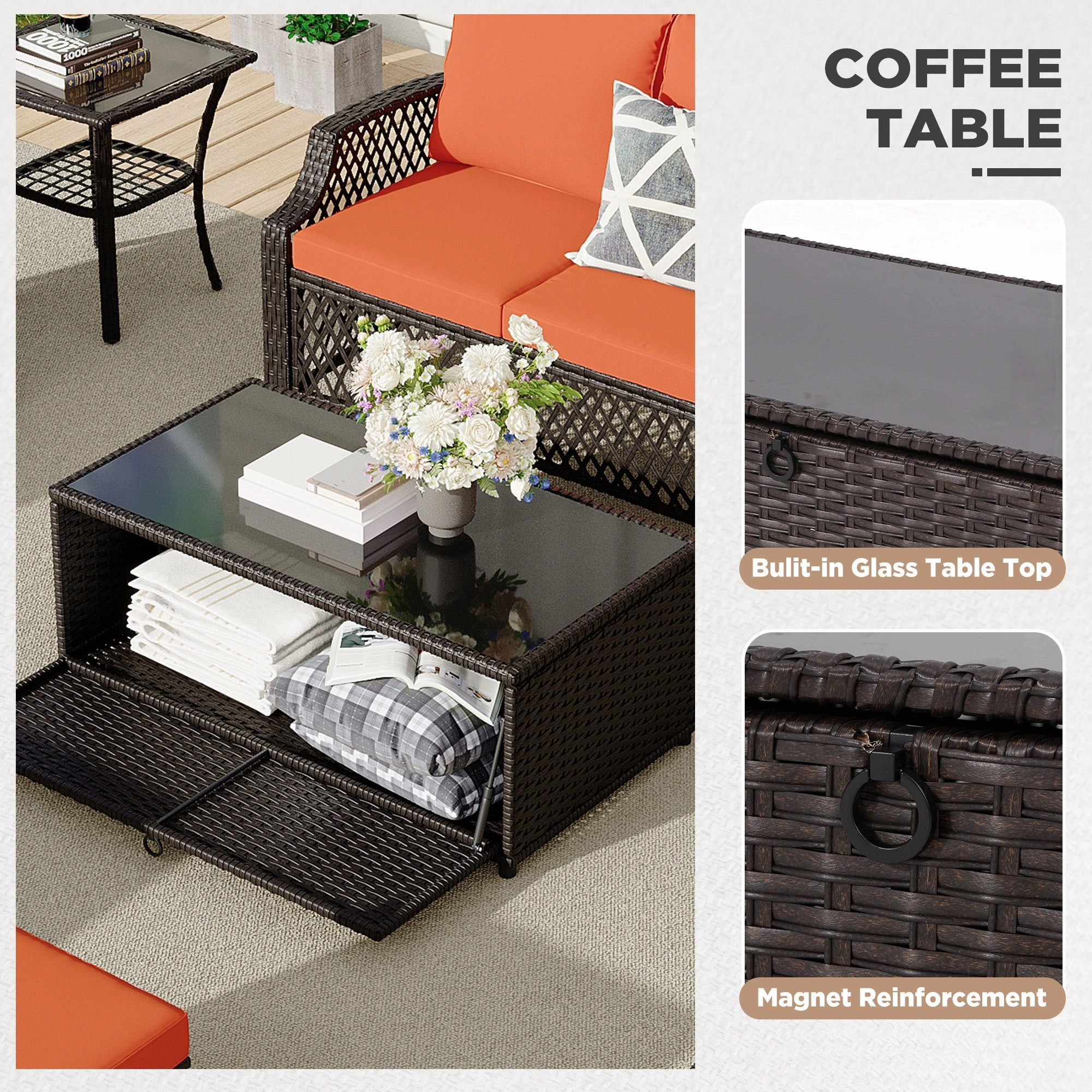 HOMREST 7 Piece Patio Furniture Set, Rattan Outdoor Sectional for Deck Backyard Porch (Orange)