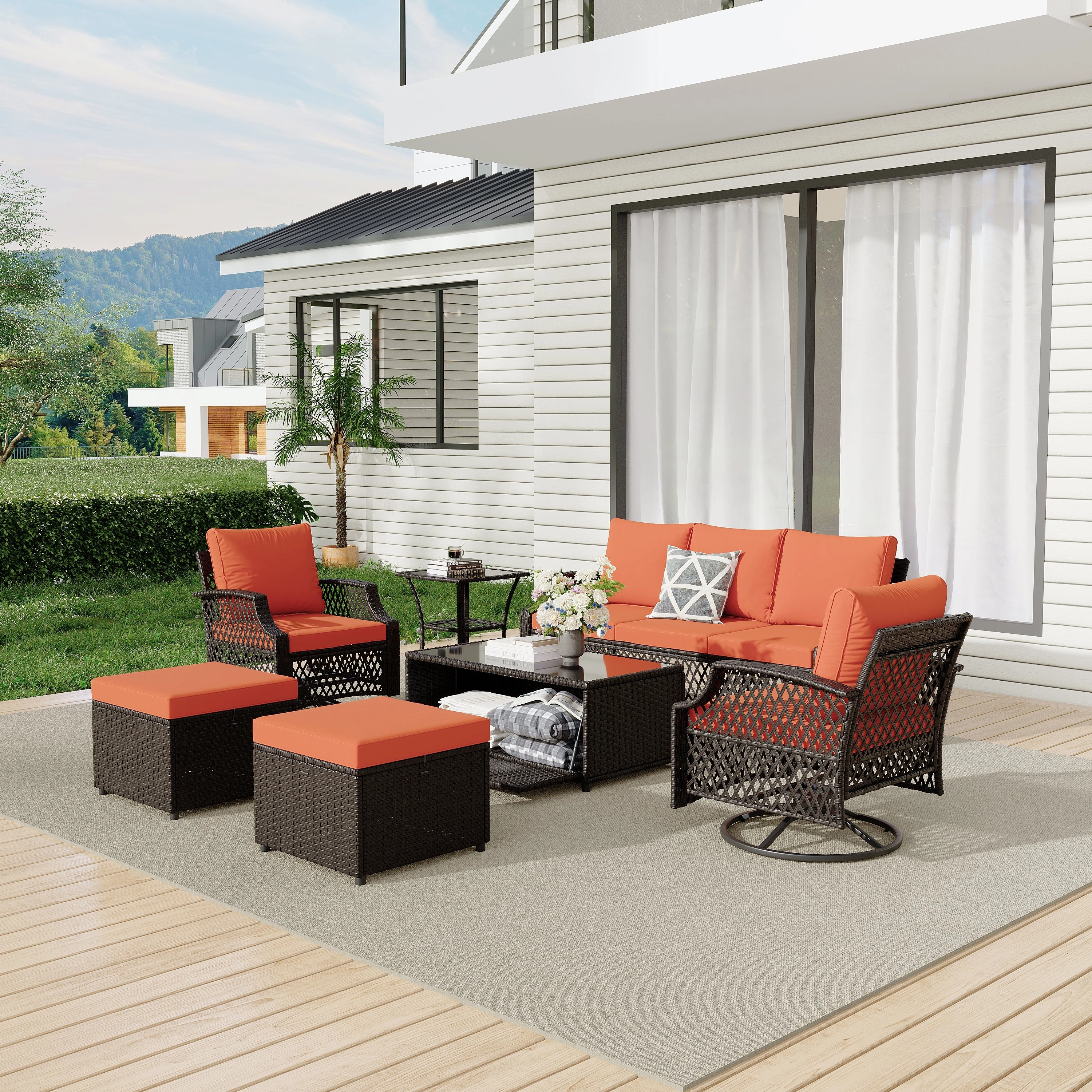 HOMREST 7 Piece Patio Furniture Set, Rattan Outdoor Sectional for Deck Backyard Porch (Orange)