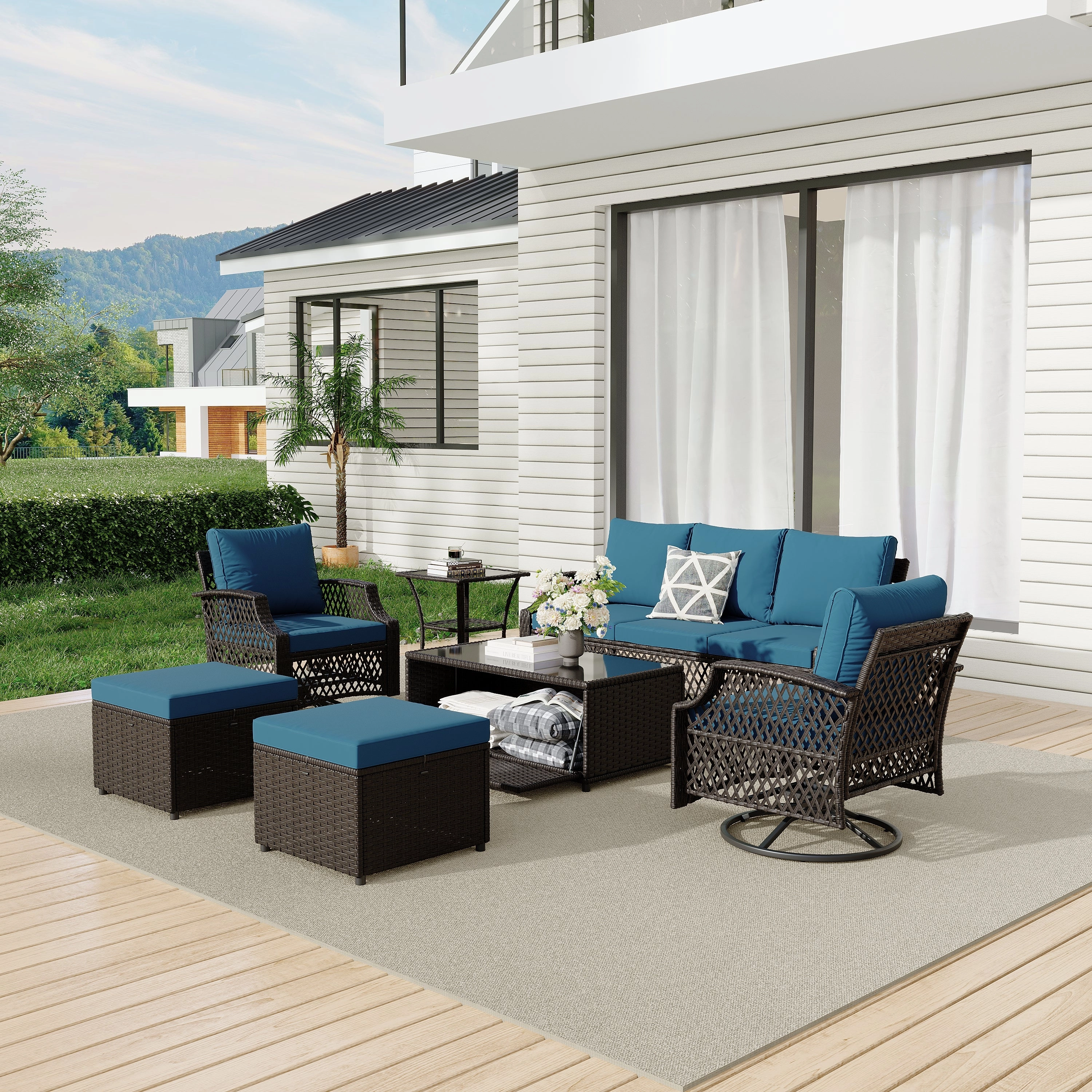 HOMREST 7 Piece Patio Furniture Set, Rattan Outdoor Sectional for Deck Backyard Porch (Turquoise)