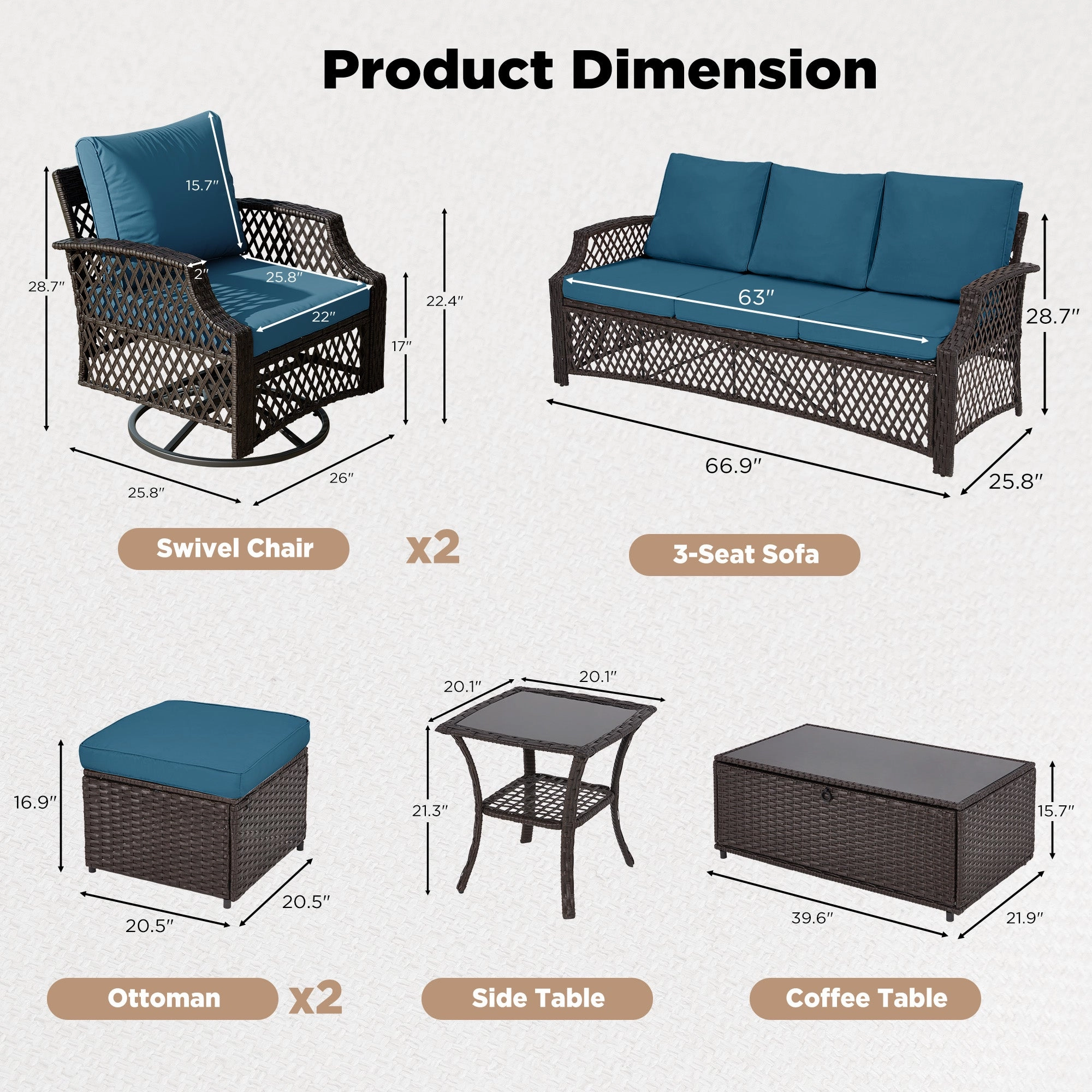 HOMREST 7 Piece Patio Furniture Set, Rattan Outdoor Sectional for Deck Backyard Porch (Turquoise)