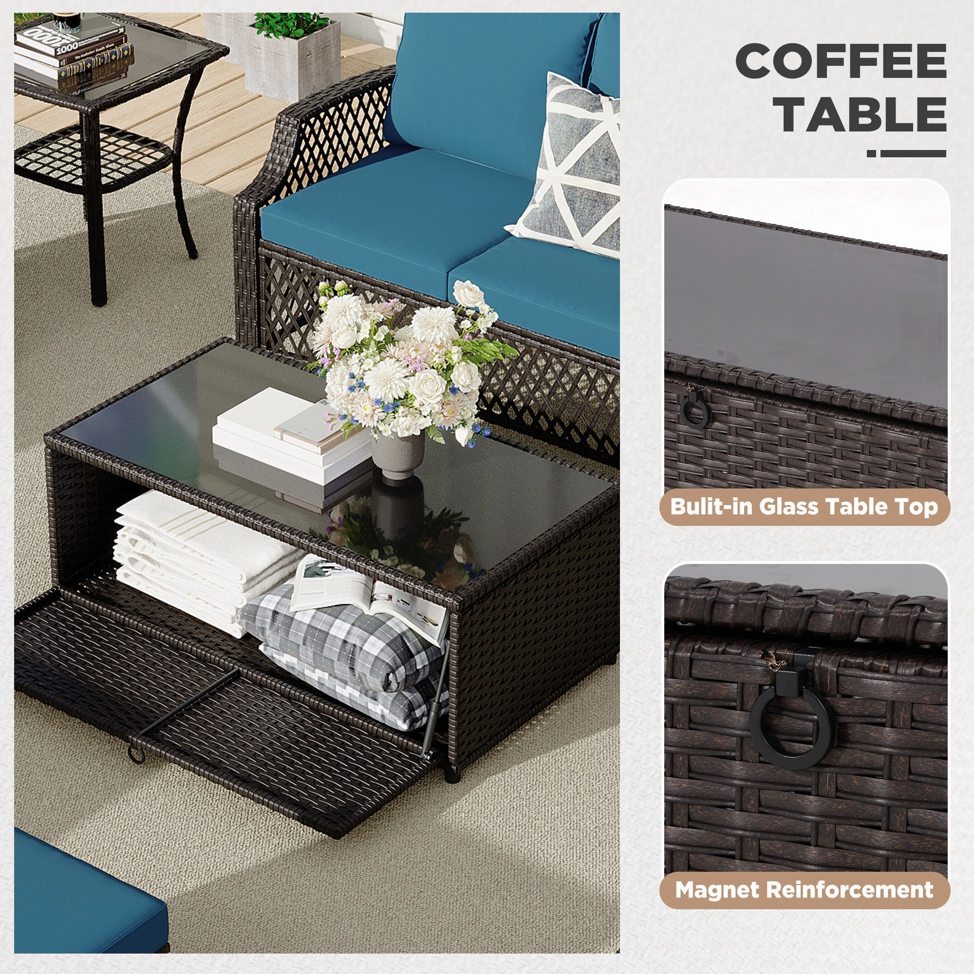 HOMREST 7 Piece Patio Furniture Set, Rattan Outdoor Sectional for Deck Backyard Porch (Turquoise)