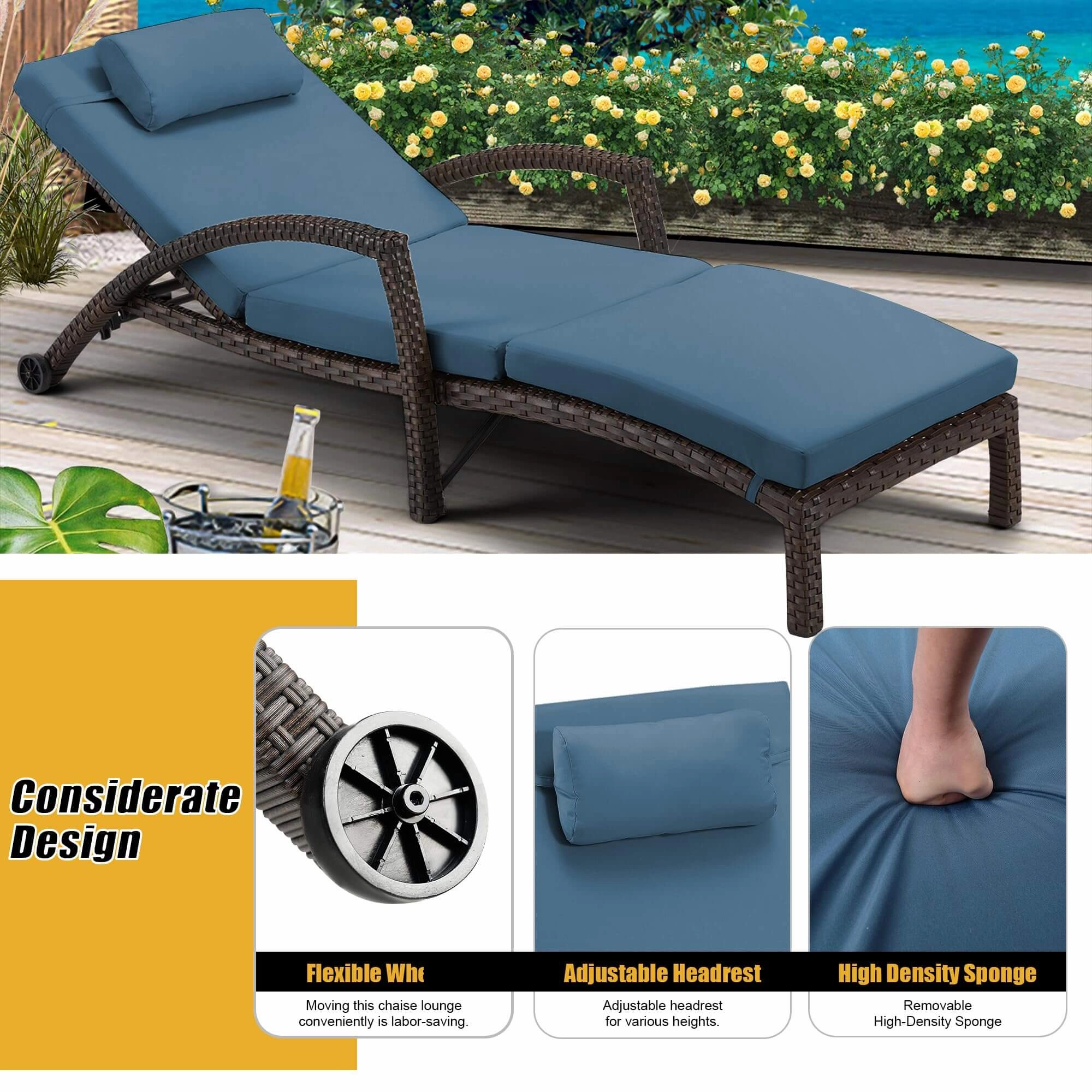 Homrest Chaise Lounge Chairs for Outside, PE Rattan Wicker Patio Pool Lounge Chair, 2 Pcs Dark Blue