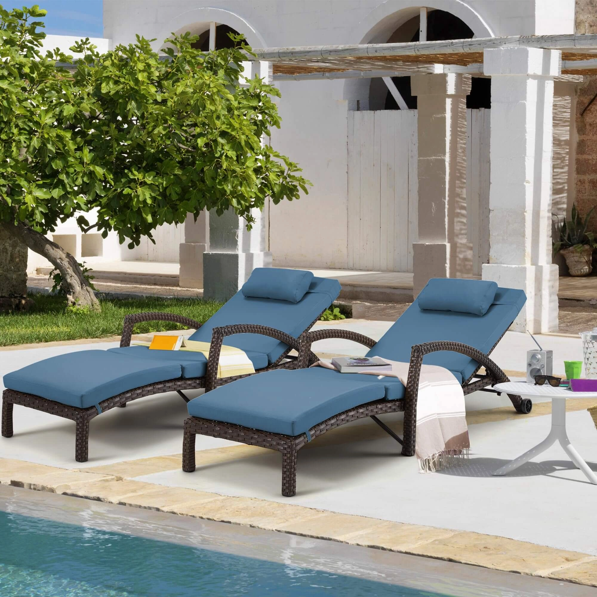 Homrest Chaise Lounge Chairs for Outside, PE Rattan Wicker Patio Pool Lounge Chair, 2 Pcs Dark Blueoutdoor patio furniture set