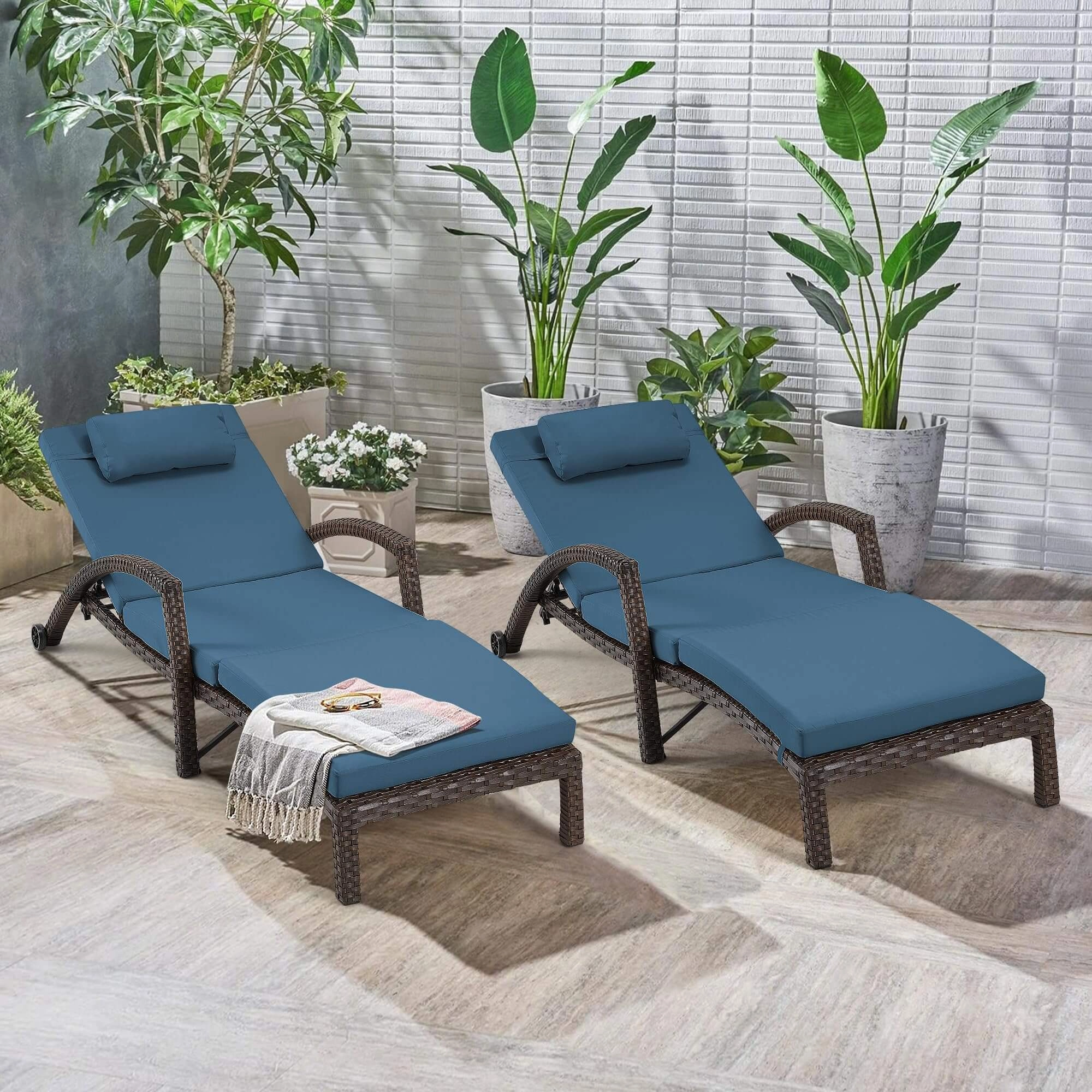 Homrest Chaise Lounge Chairs for Outside, PE Rattan Wicker Patio Pool Lounge Chair, 2 Pcs Dark Blue
