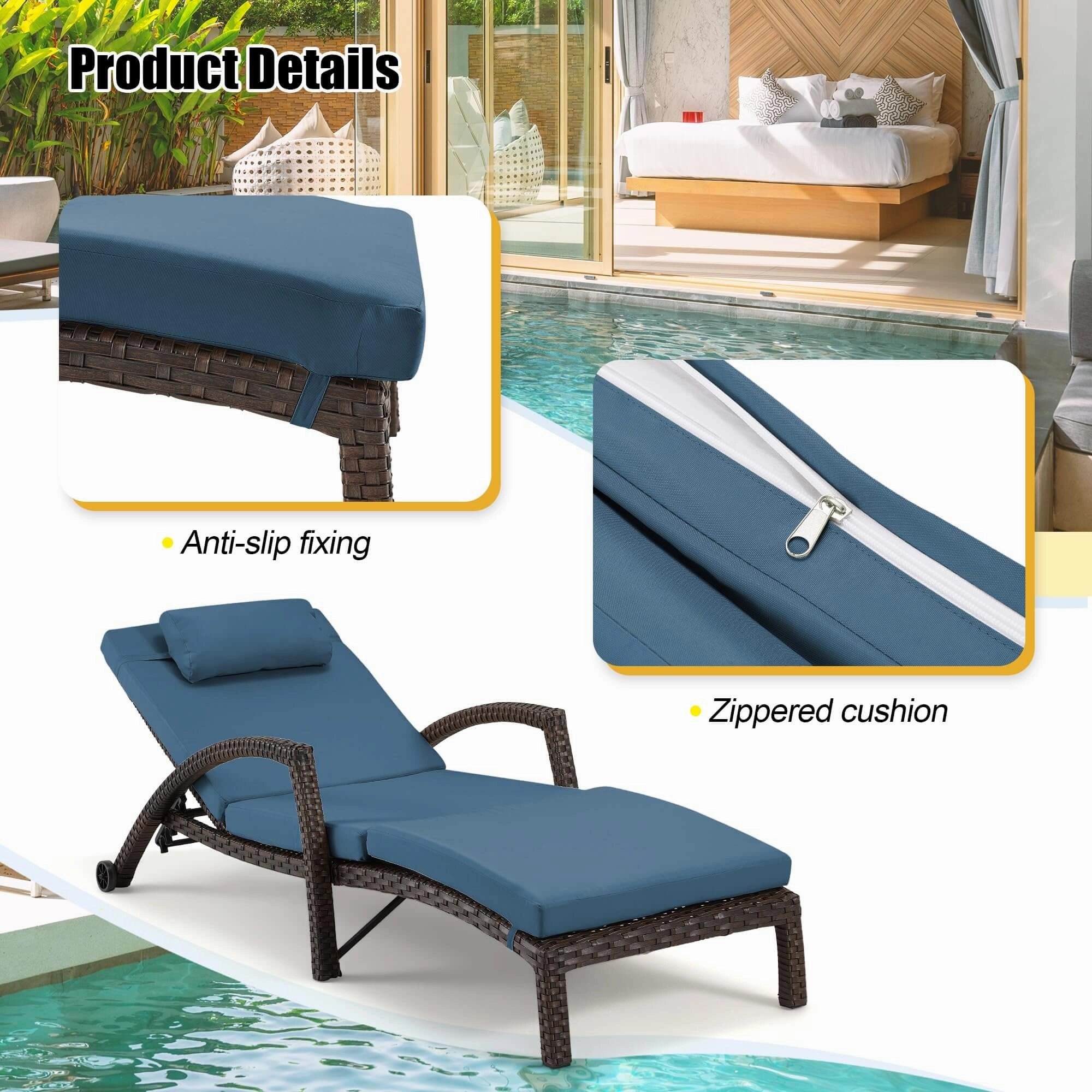 Homrest Chaise Lounge Chairs for Outside, PE Rattan Wicker Patio Pool Lounge Chair, 2 Pcs Dark Blue