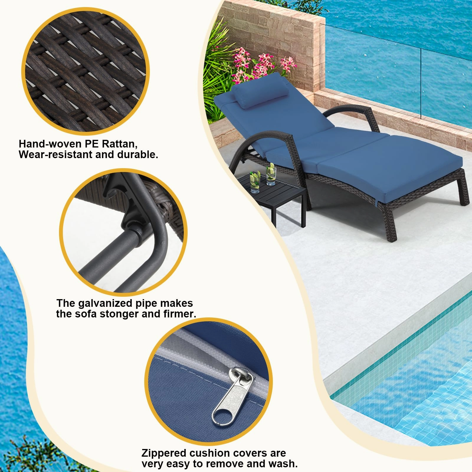 Homrest Chaise Lounge Chairs for Outside, PE Rattan Wicker Patio Pool Lounge Chair, 6 Pcs Dark Blue