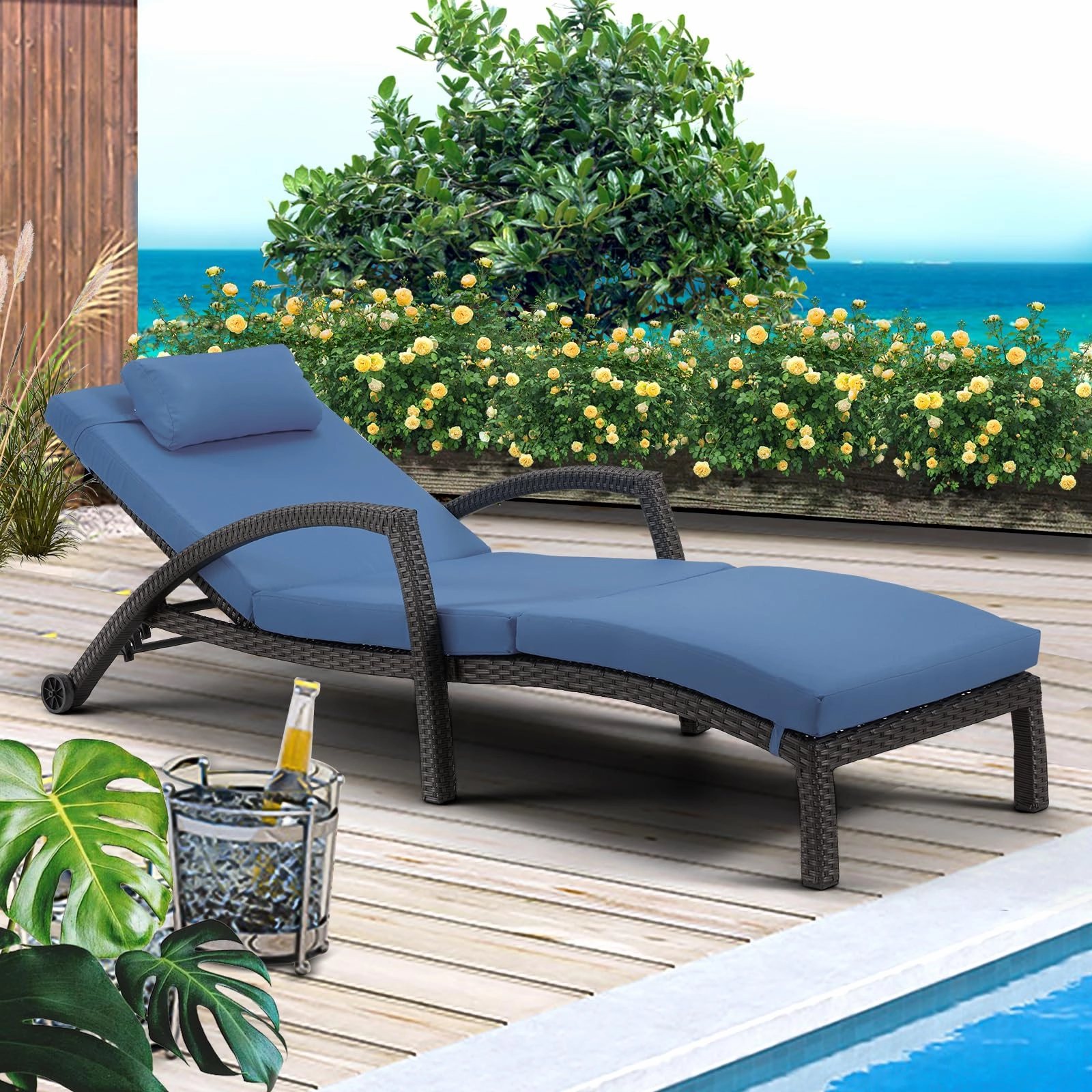 Homrest Chaise Lounge Chairs for Outside, PE Rattan Wicker Patio Pool Lounge Chair, 6 Pcs Dark Blue