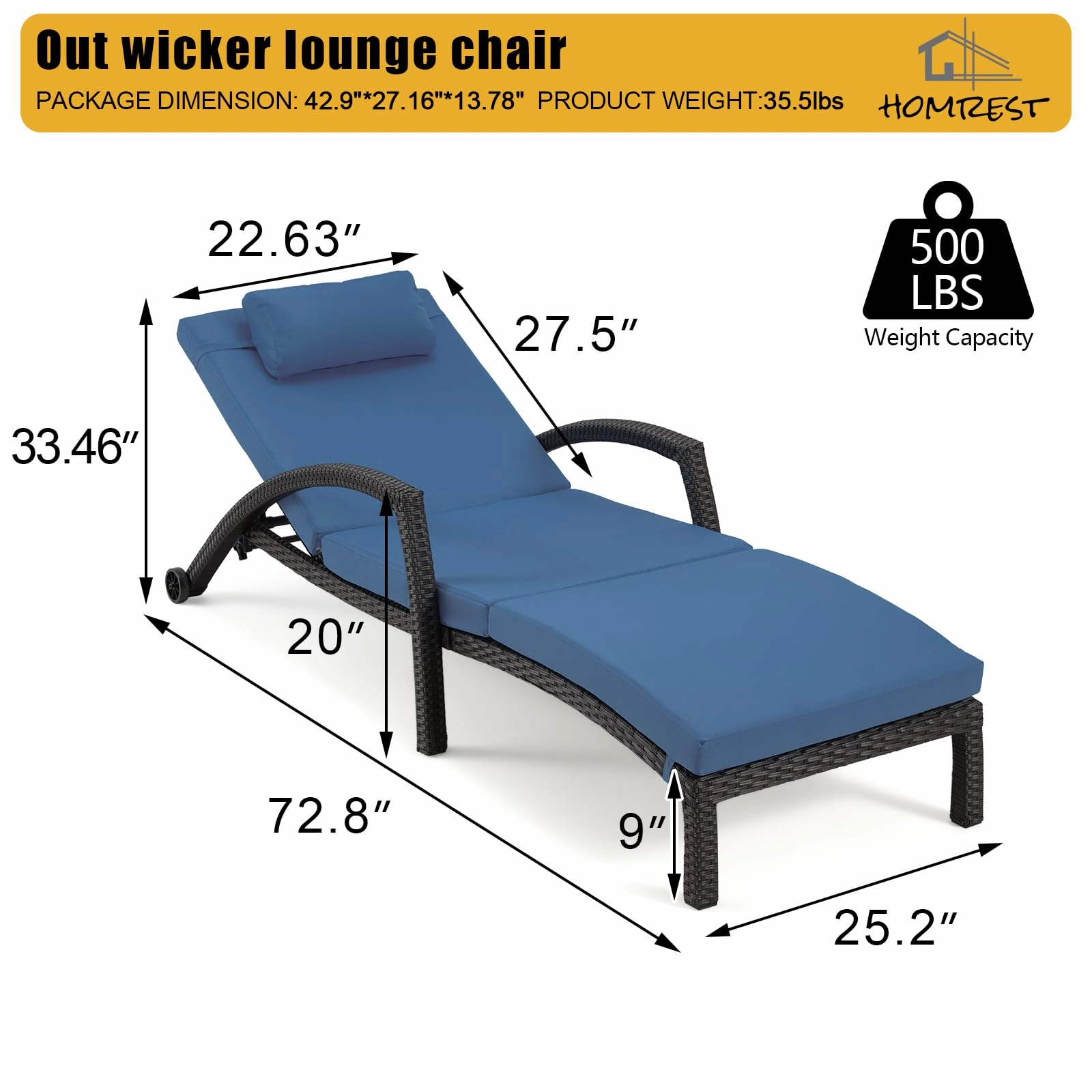 Homrest Chaise Lounge Chairs for Outside, PE Rattan Wicker Patio Pool Lounge Chair, 6 Pcs Dark Blue