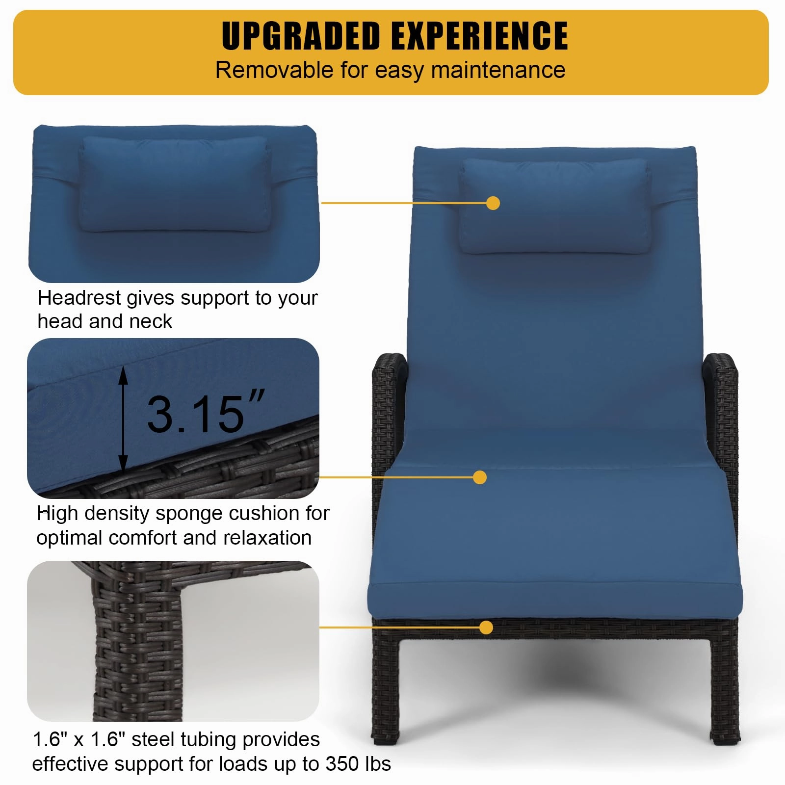Homrest Chaise Lounge Chairs for Outside, PE Rattan Wicker Patio Pool Lounge Chair, 6 Pcs Dark Blue