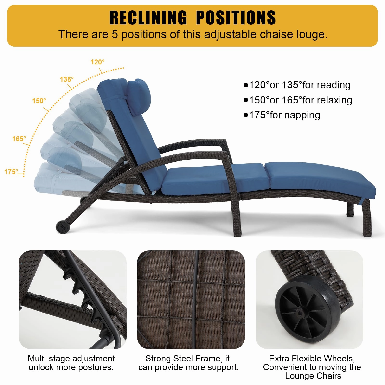 Homrest Chaise Lounge Chairs for Outside, PE Rattan Wicker Patio Pool Lounge Chair, 6 Pcs Dark Blue