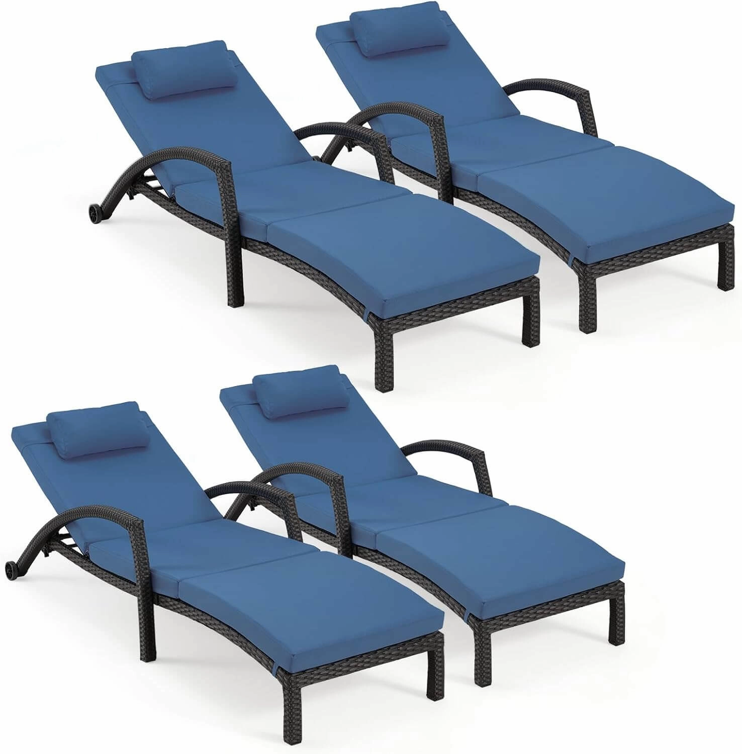 Homrest Chaise Lounge Chairs Set of 4 PE Rattan Wicker Patio Pool Lounge Chair, Dark Blueoutdoor patio furniture set