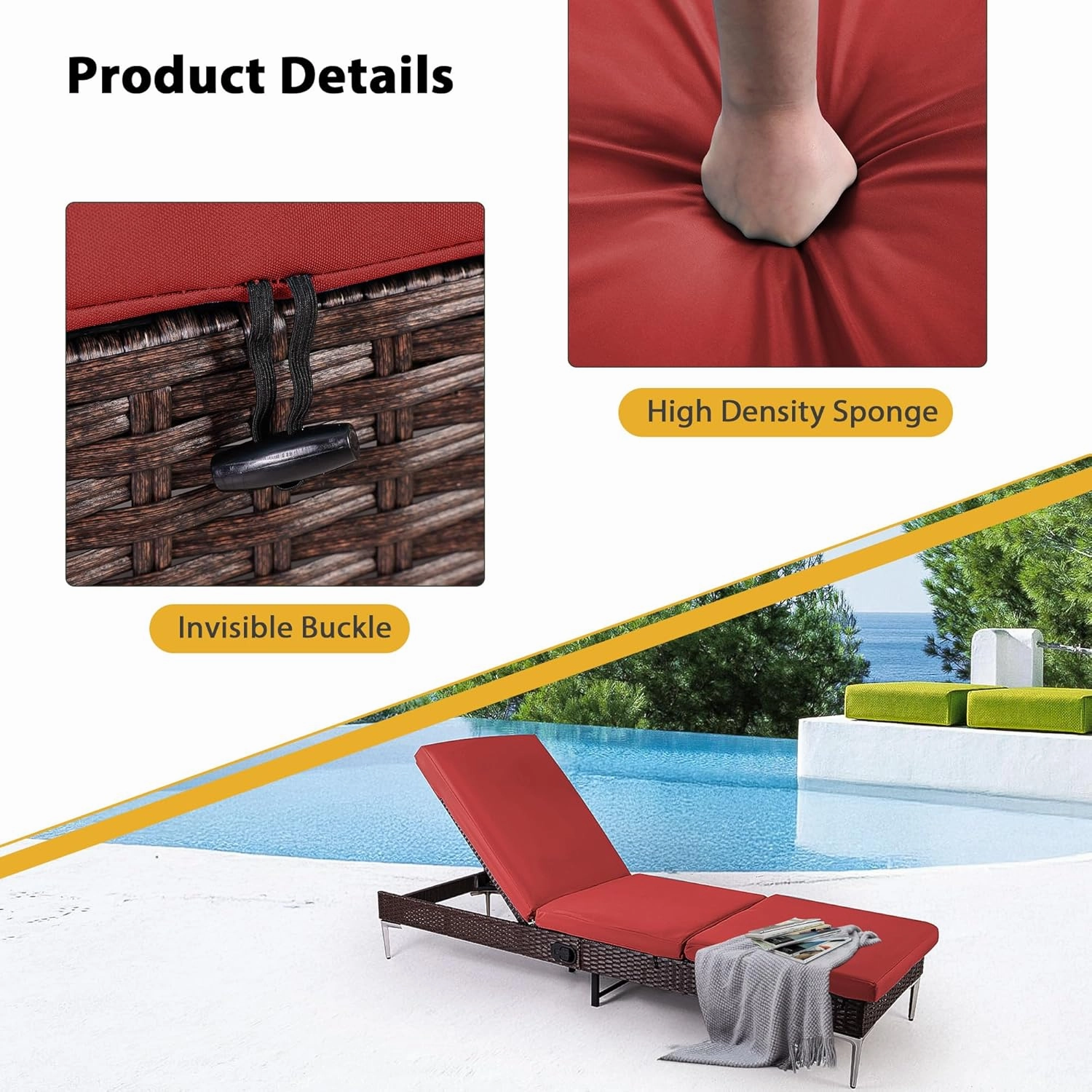 HOMREST Outdoor Chaise Lounge Chair Set of 2 with Adjustable Backrest, Burgundy