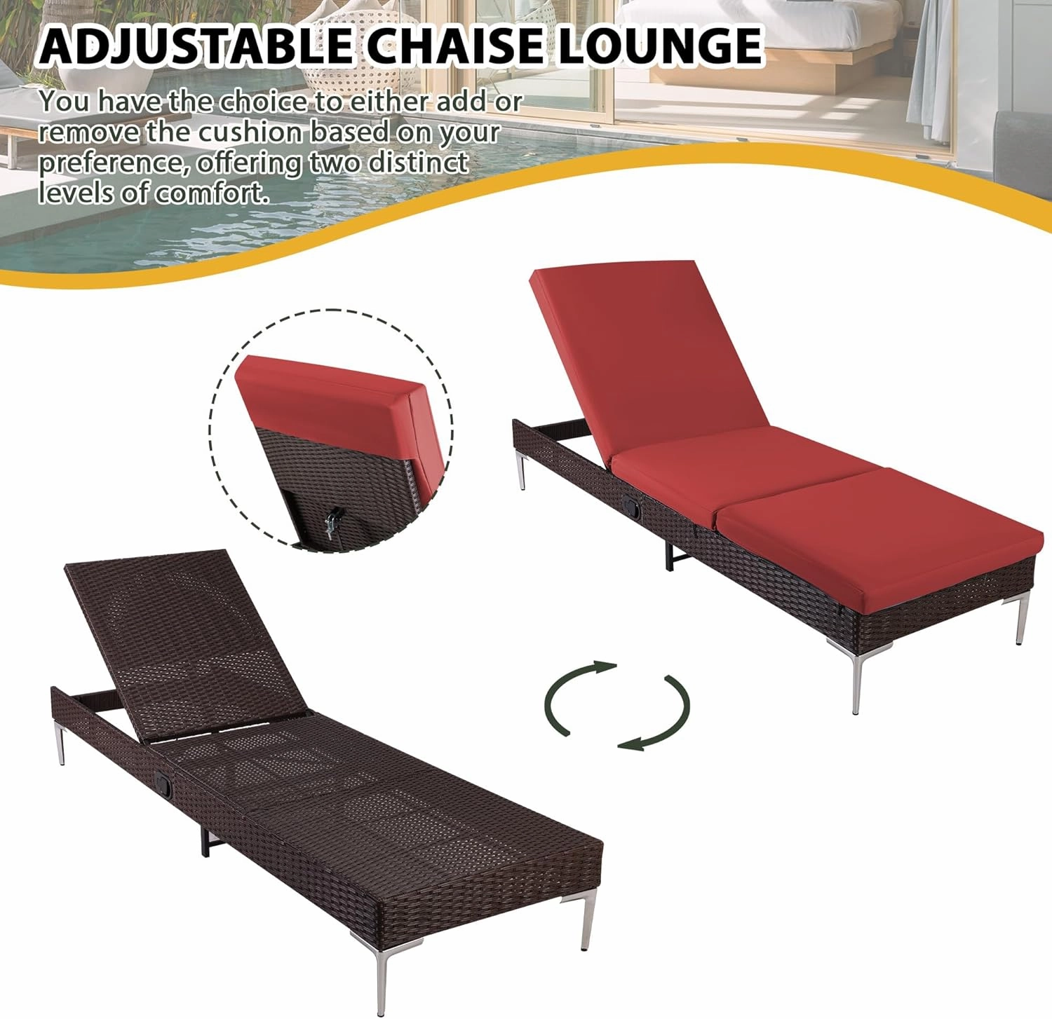 HOMREST Outdoor Chaise Lounge Chair Set of 2 with Adjustable Backrest, Burgundy