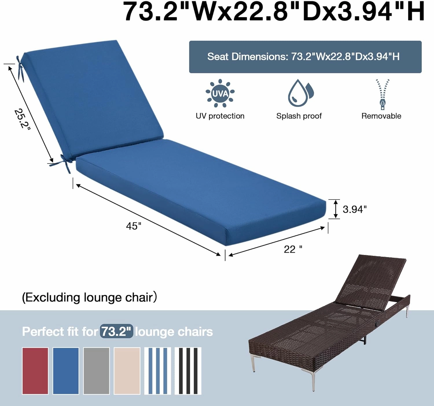 HOMREST Outdoor Lounge Chair Cushion Replacement, Dark Blue