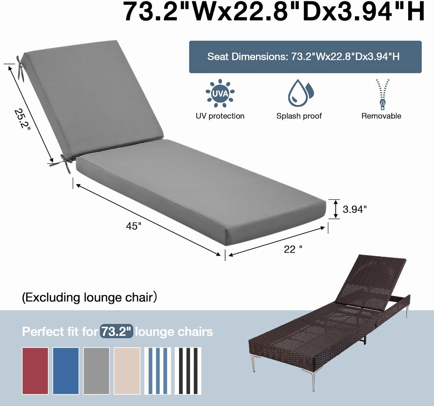 HOMREST Outdoor Lounge Chair Cushion Replacement, Grey