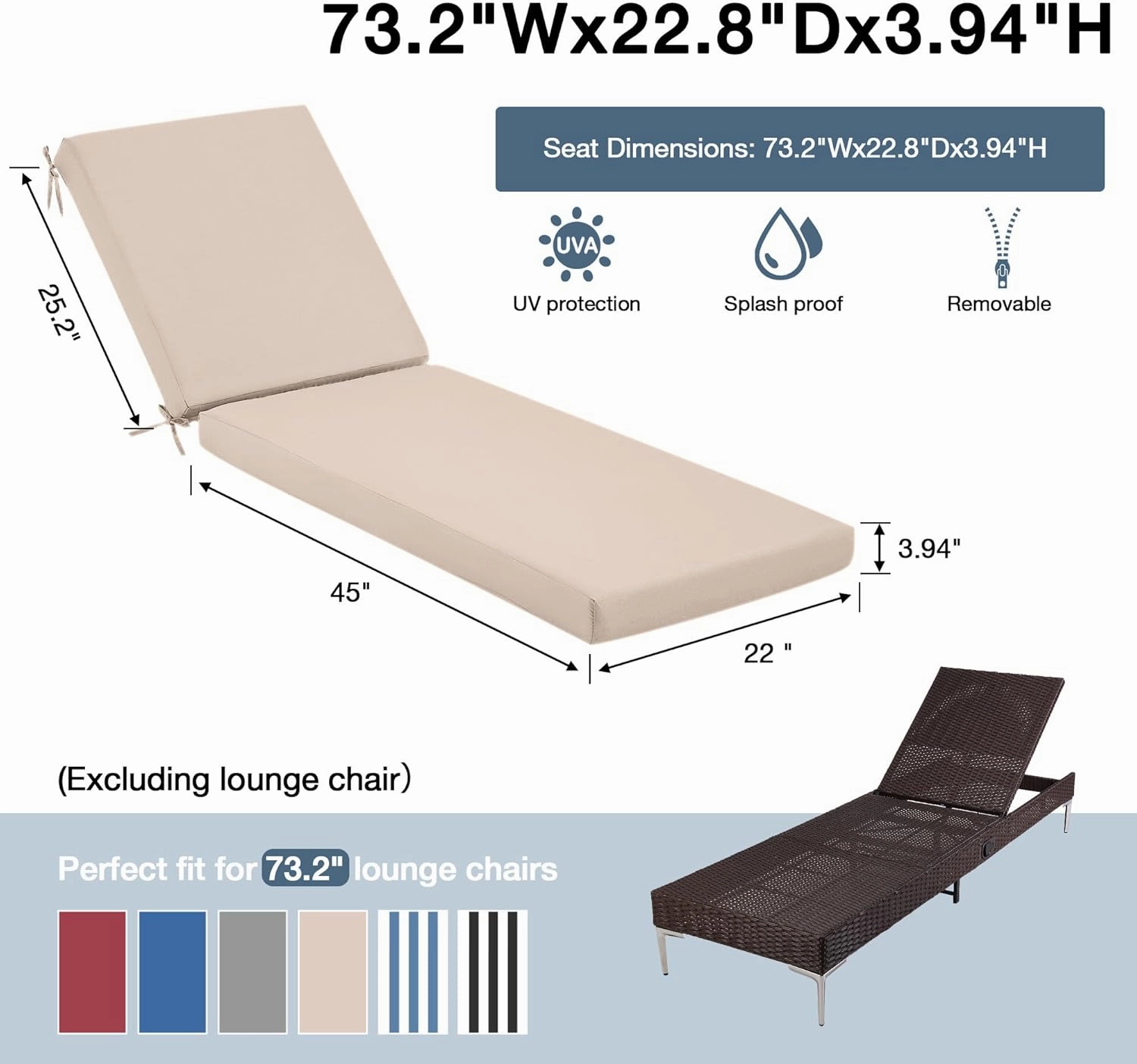 HOMREST Outdoor Lounge Chair Cushion Replacement, Khaki