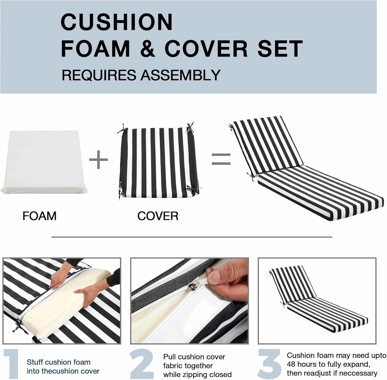 HOMREST Outdoor Lounge Chair Cushion Replacement Set of 2, Black Stripes