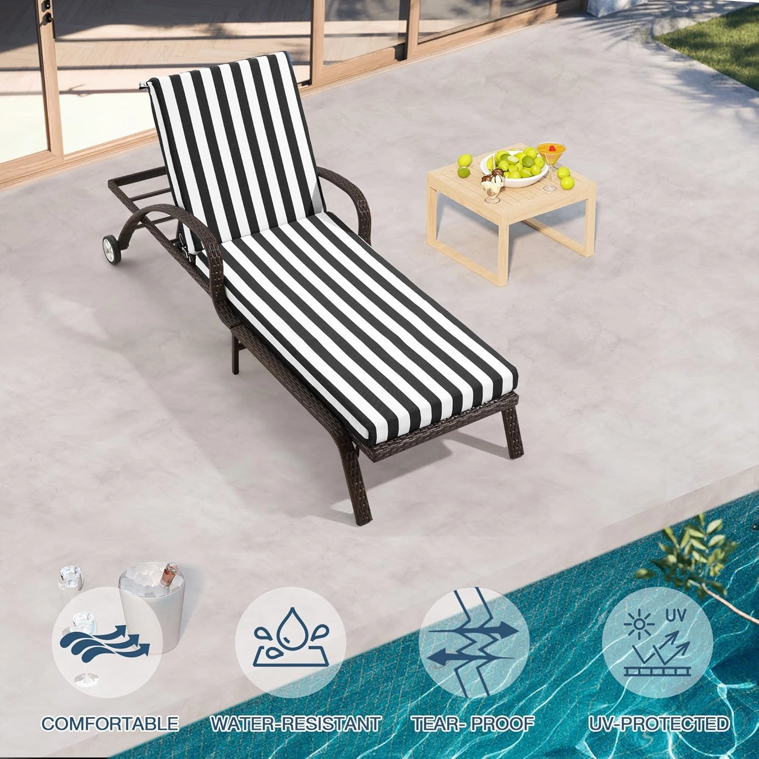 HOMREST Outdoor Lounge Chair Cushion Replacement Set of 2, Black Stripes