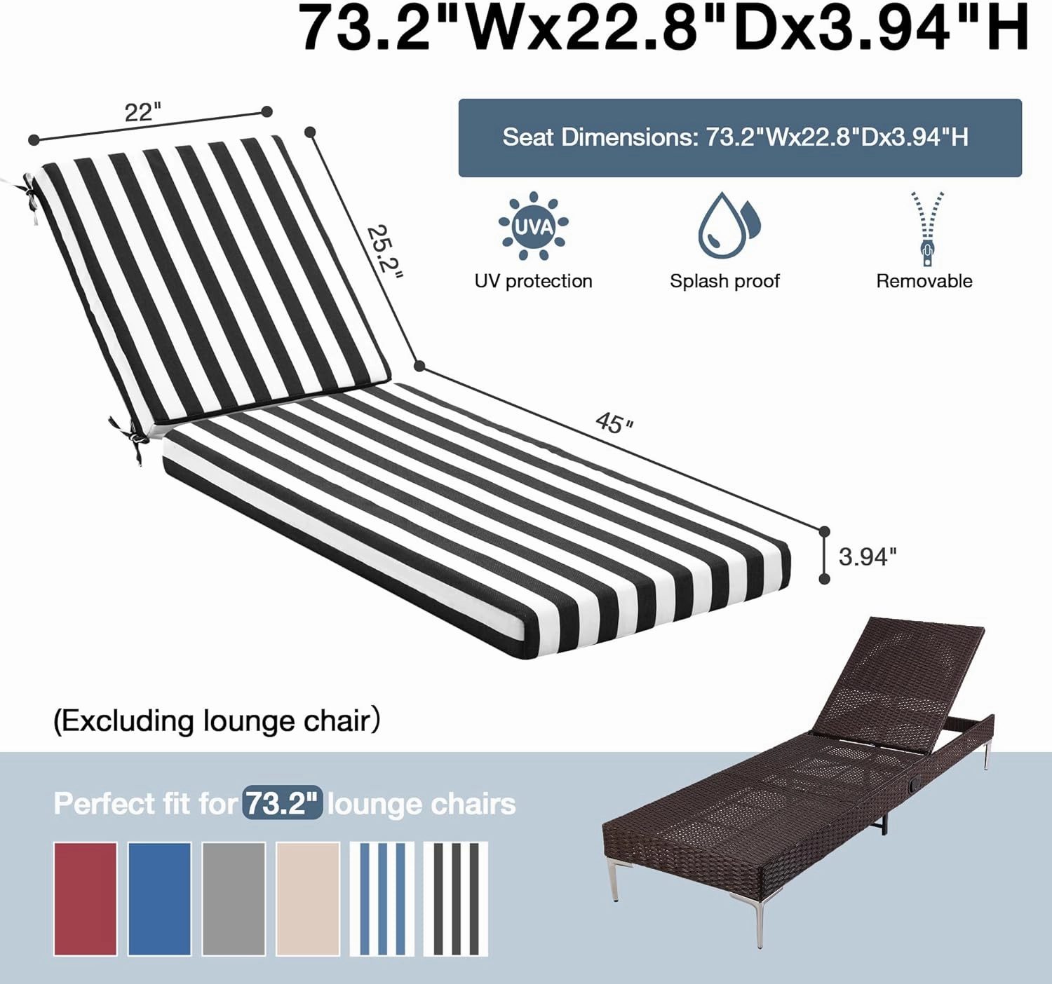 HOMREST Outdoor Lounge Chair Cushion Replacement Set of 2, Black Stripes