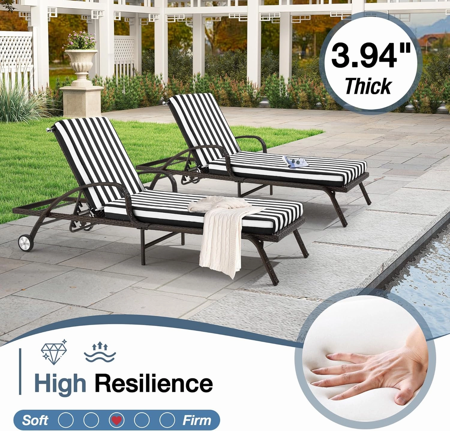 HOMREST Outdoor Lounge Chair Cushion Replacement Set of 2, Black Stripes