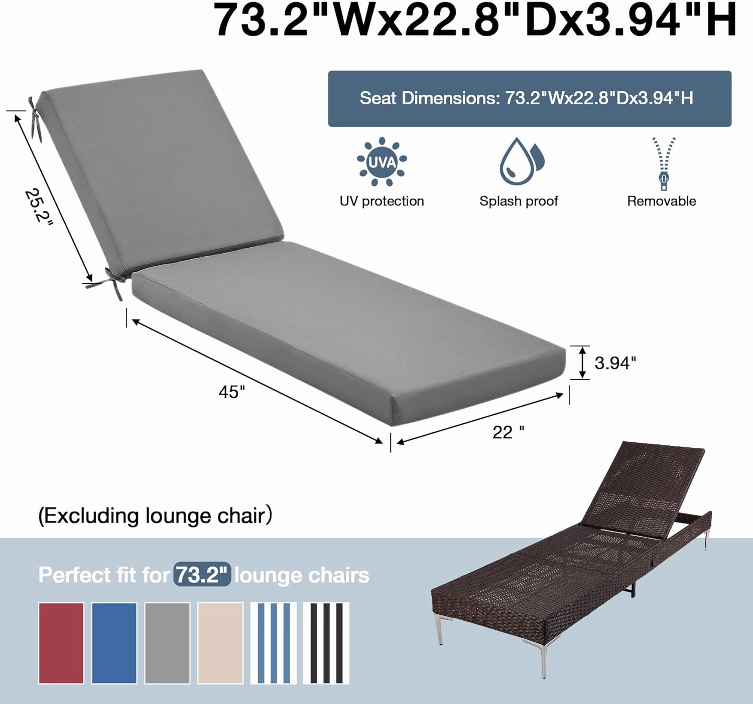 HOMREST Outdoor Lounge Chair Cushion Replacement Set of 2, Grey