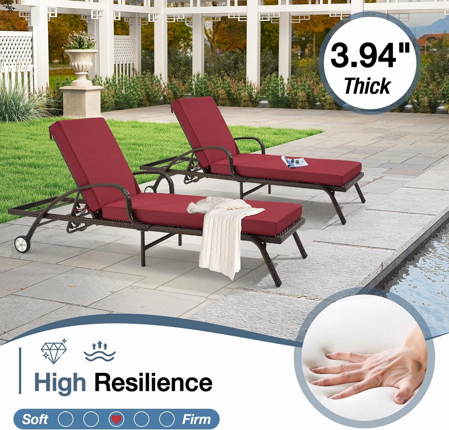 HOMREST Outdoor Lounge Chair Cushion Replacement Set of 2, Wine Red