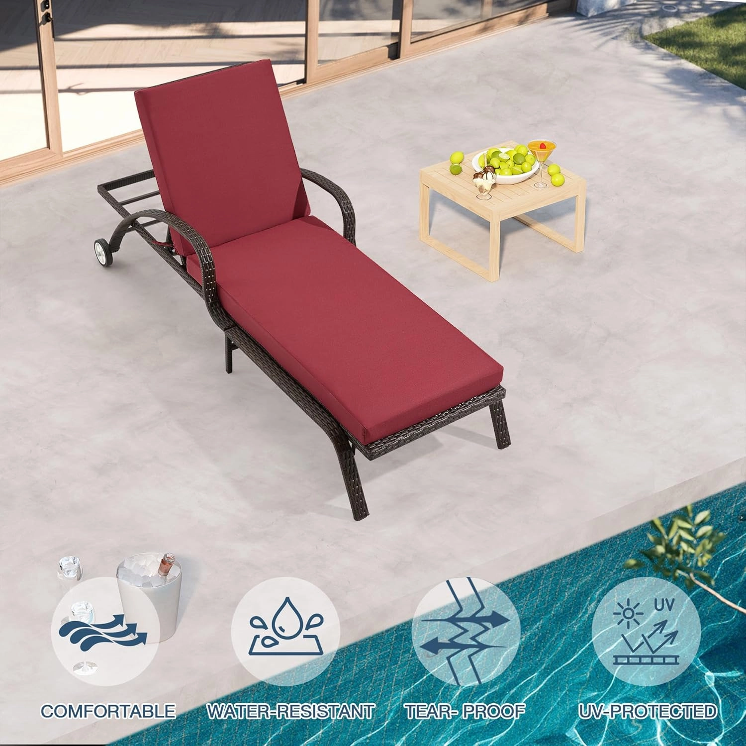 HOMREST Outdoor Lounge Chair Cushion Replacement Set of 2, Wine Red